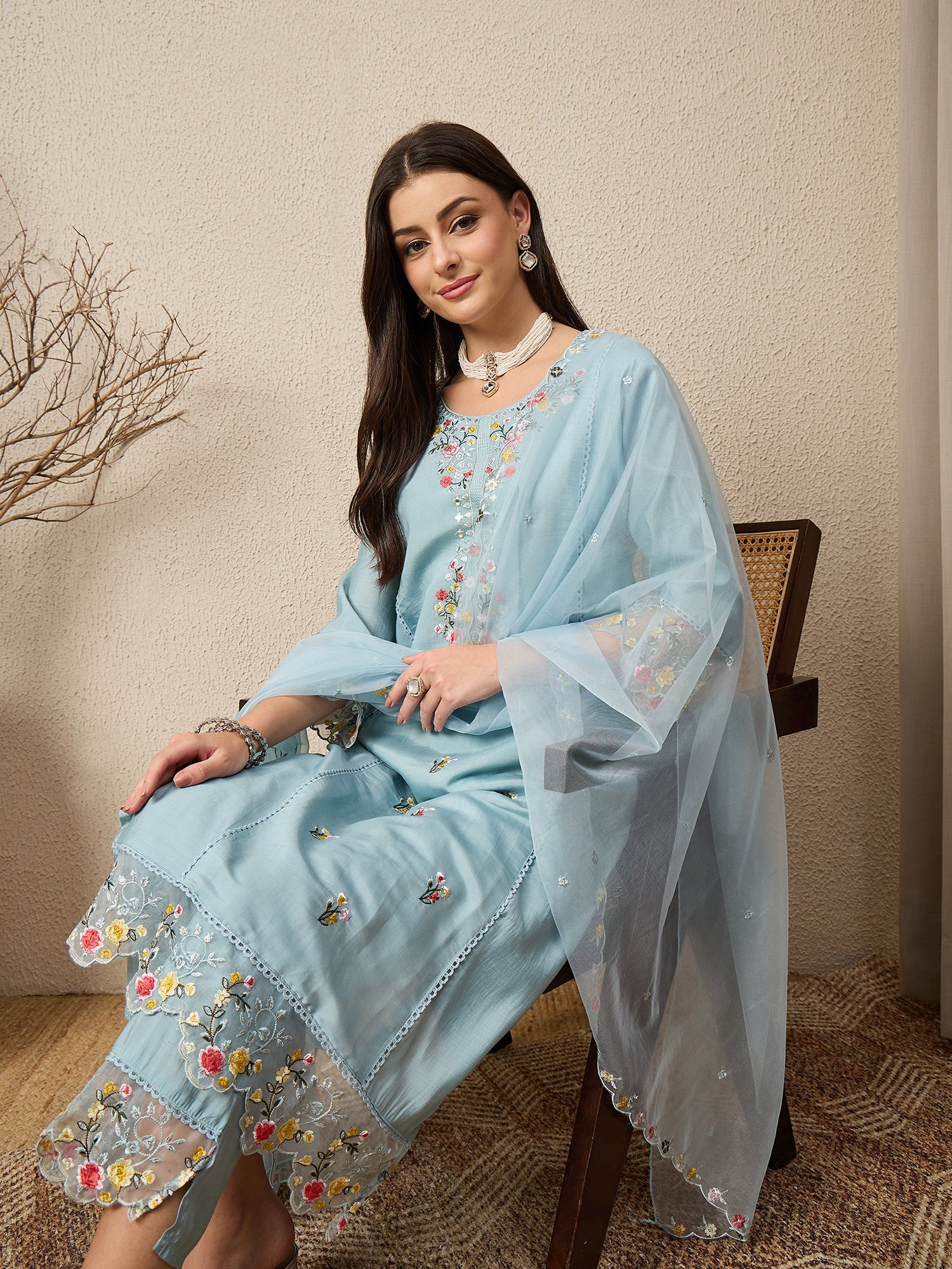Noor-e-Nazaara Sky Women Silk Blend Kurta and Trousers Pant Set