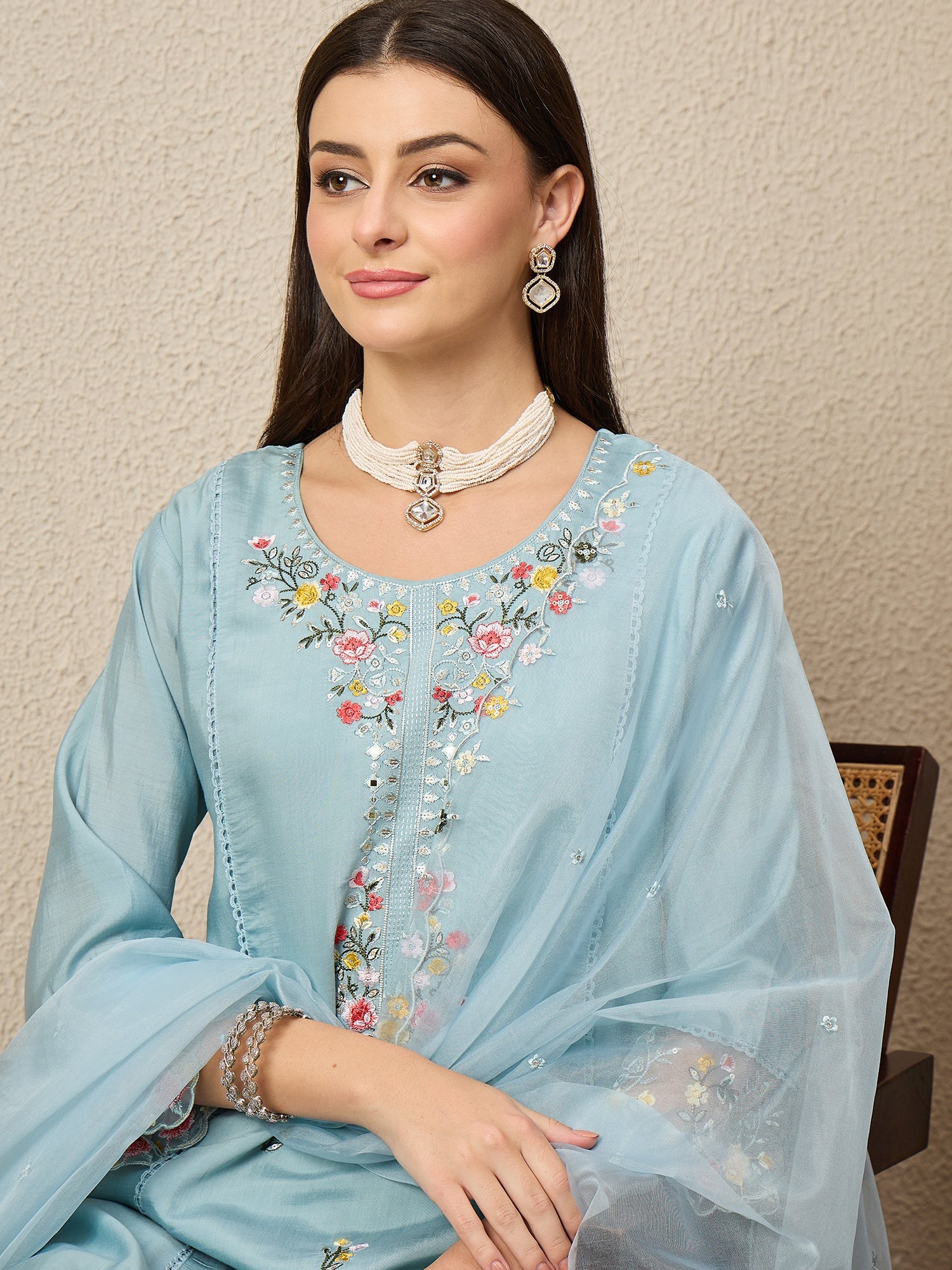 Noor-e-Nazaara Sky Women Silk Blend Kurta and Trousers Pant Set