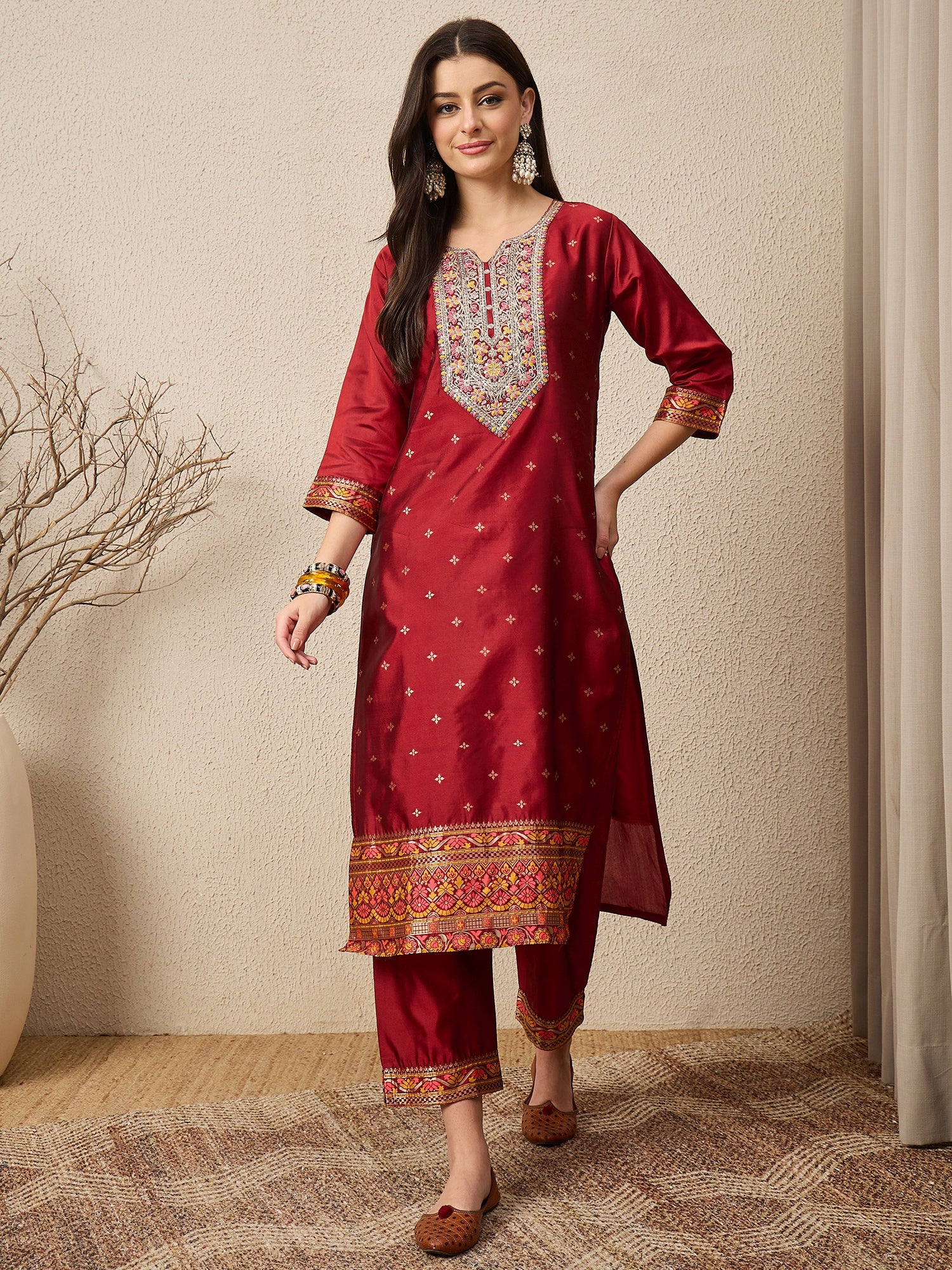 Kahani Women Maroon Yoke Design Silk Blend Straight Suit With Dupatta