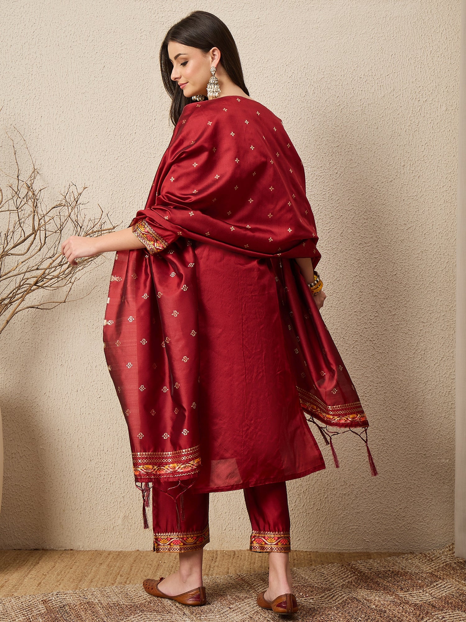 Kahani Women Maroon Yoke Design Silk Blend Straight Suit With Dupatta