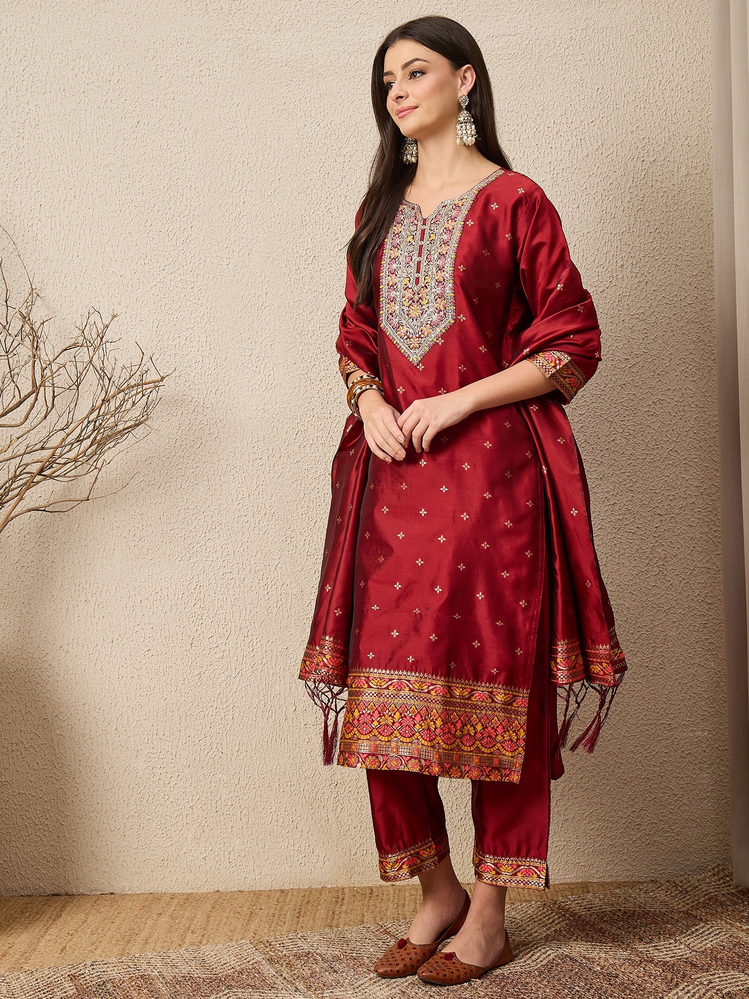 Kahani Women Maroon Yoke Design Silk Blend Straight Suit With Dupatta