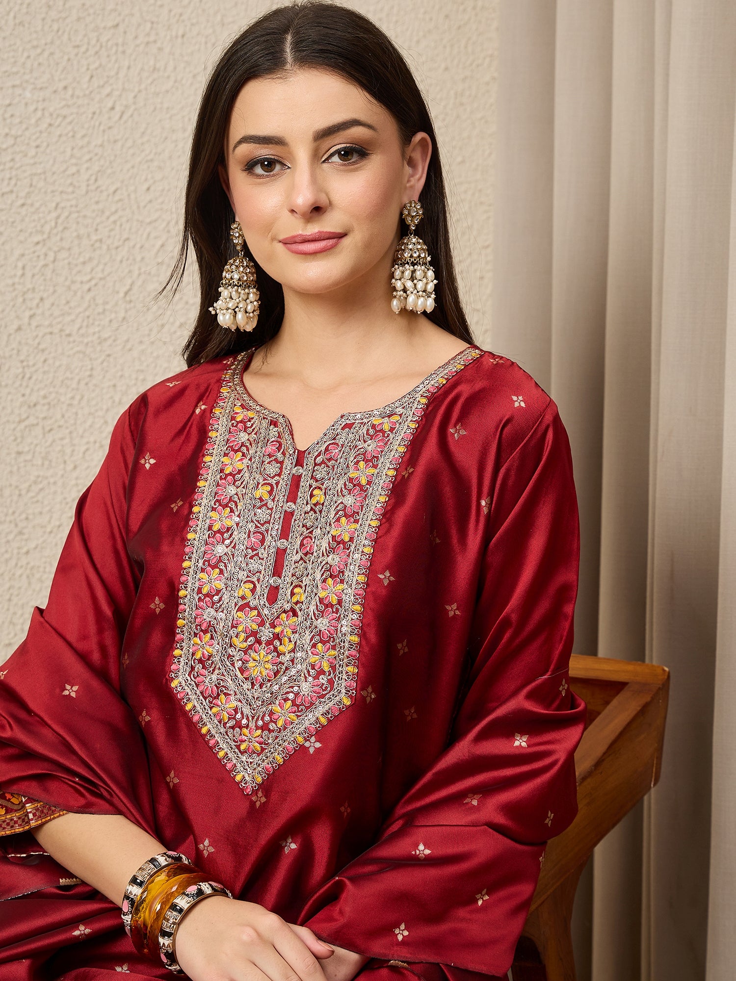 Kahani Women Maroon Yoke Design Silk Blend Straight Suit With Dupatta