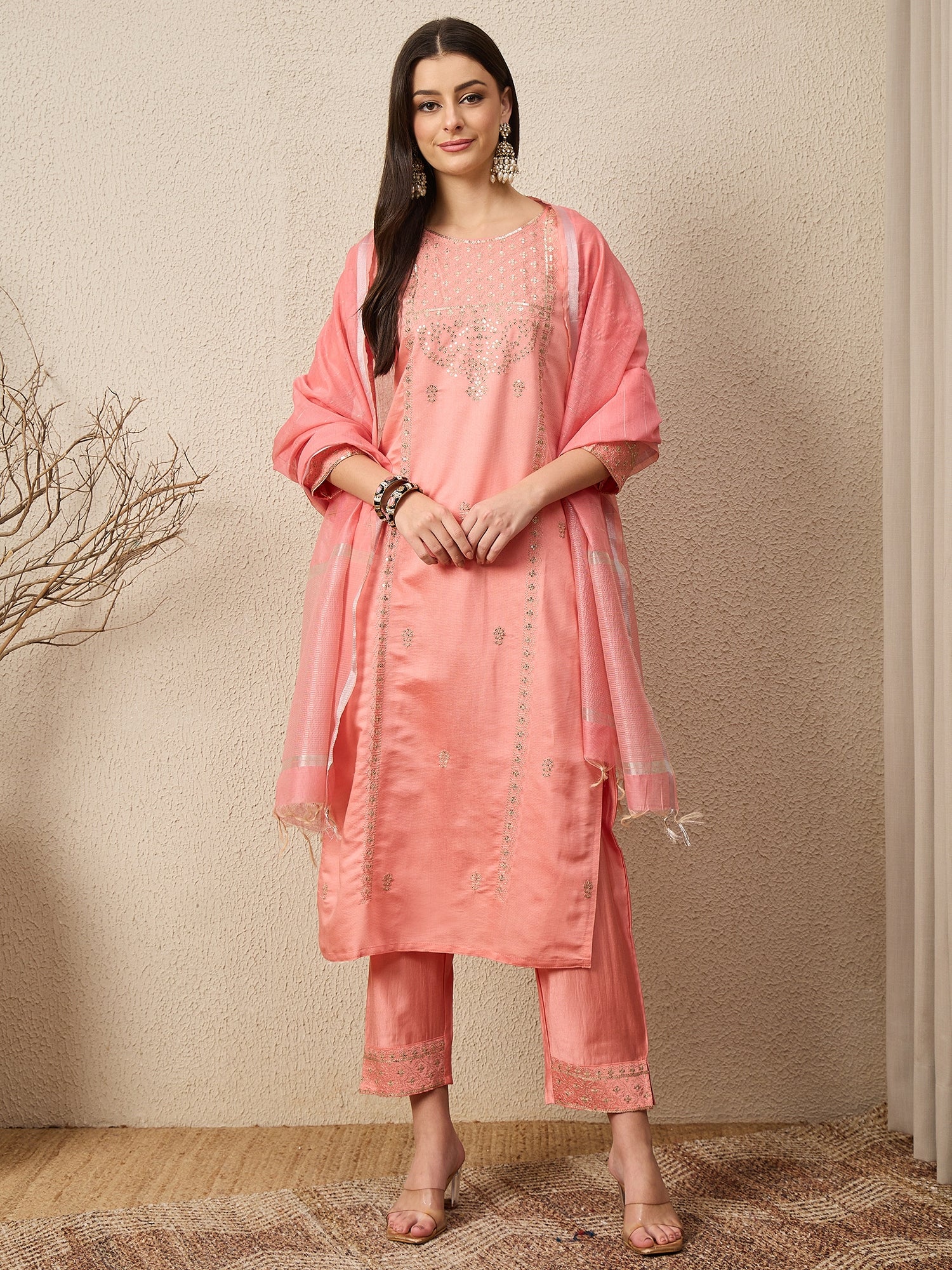 BhavyaRaas Peach Women Viscose Rayon suit Set