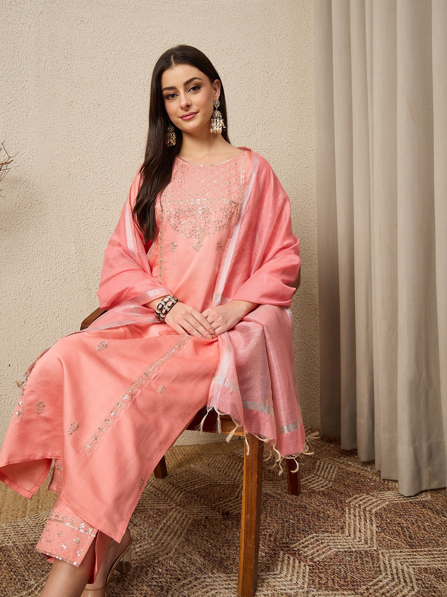 BhavyaRaas Peach Women Viscose Rayon suit Set