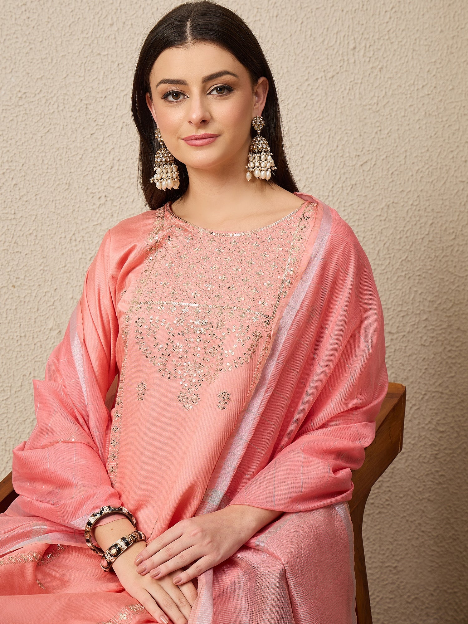 BhavyaRaas Peach Women Viscose Rayon suit Set