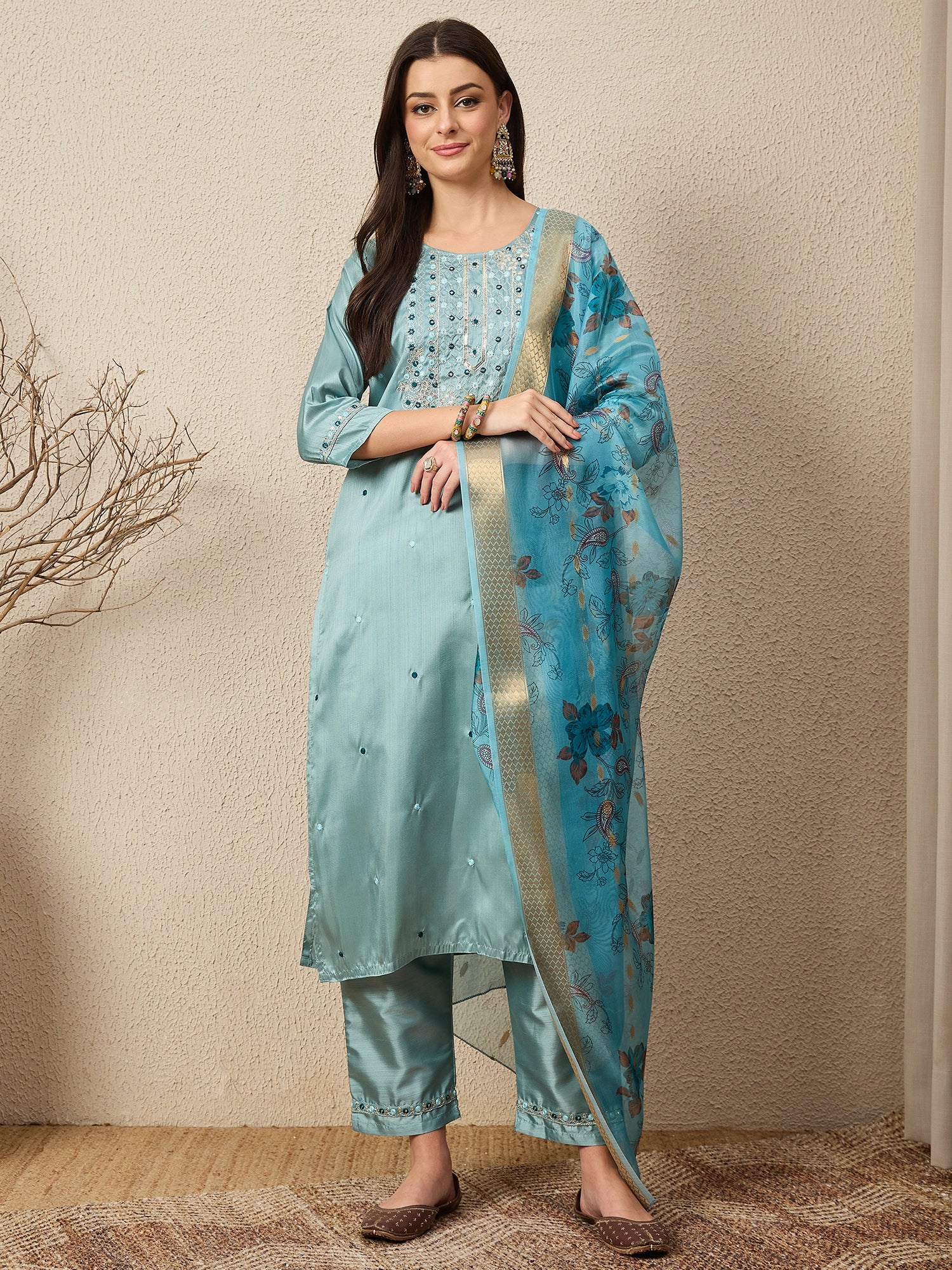 Mehfil Sky Women Silk Blend Kurta and Trousers Pant Set