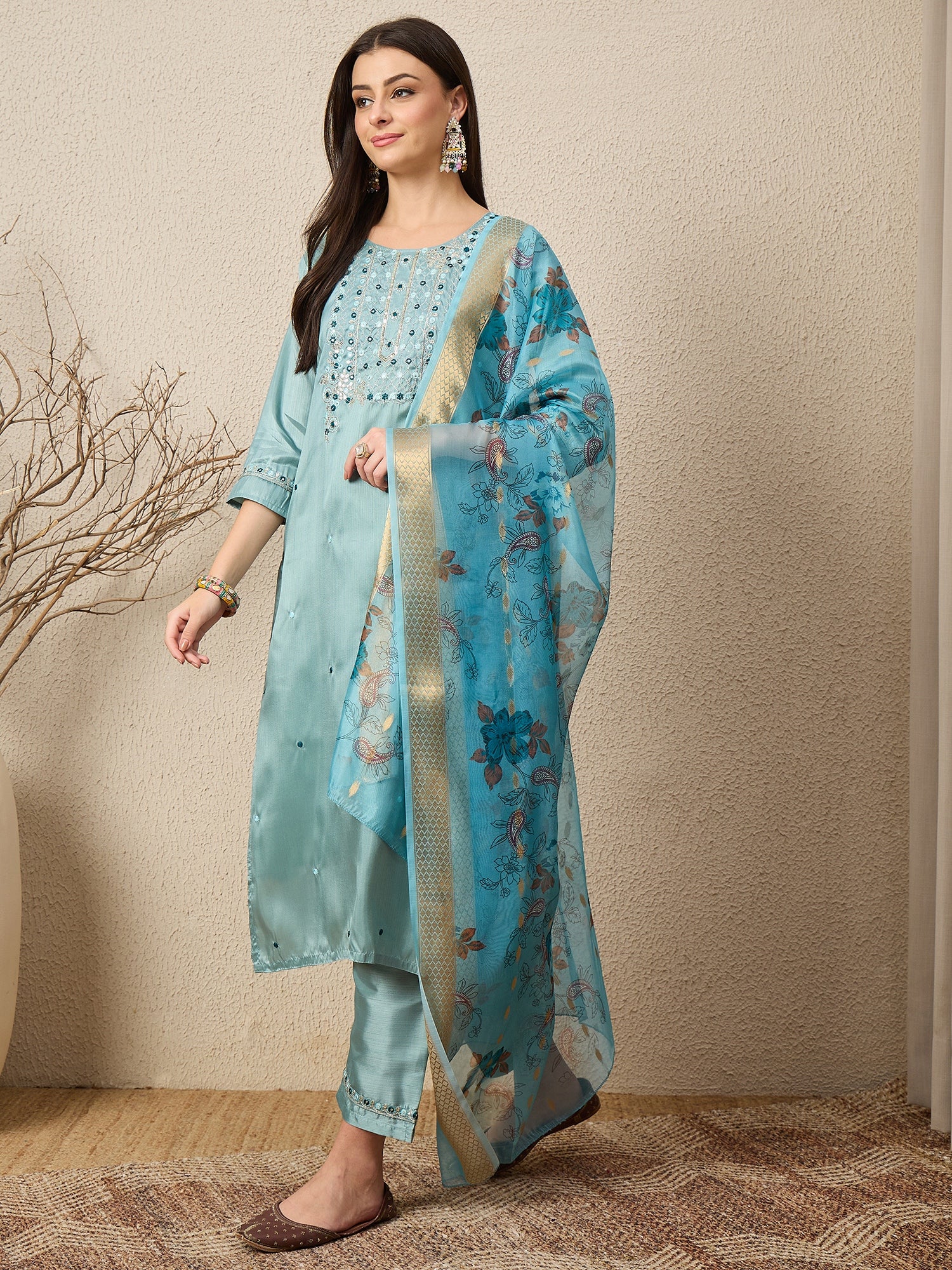 Mehfil Sky Women Silk Blend Kurta and Trousers Pant Set