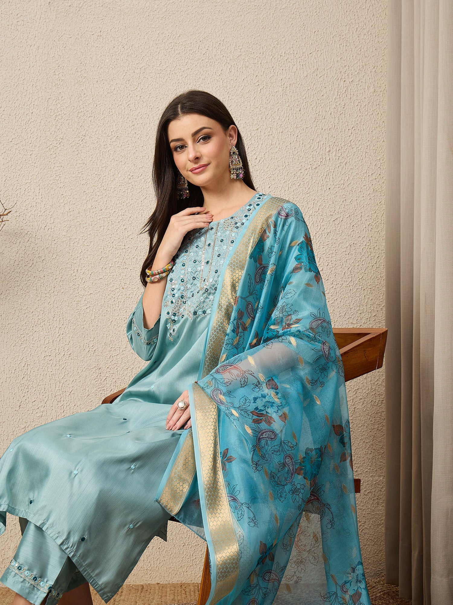 Mehfil Sky Women Silk Blend Kurta and Trousers Pant Set