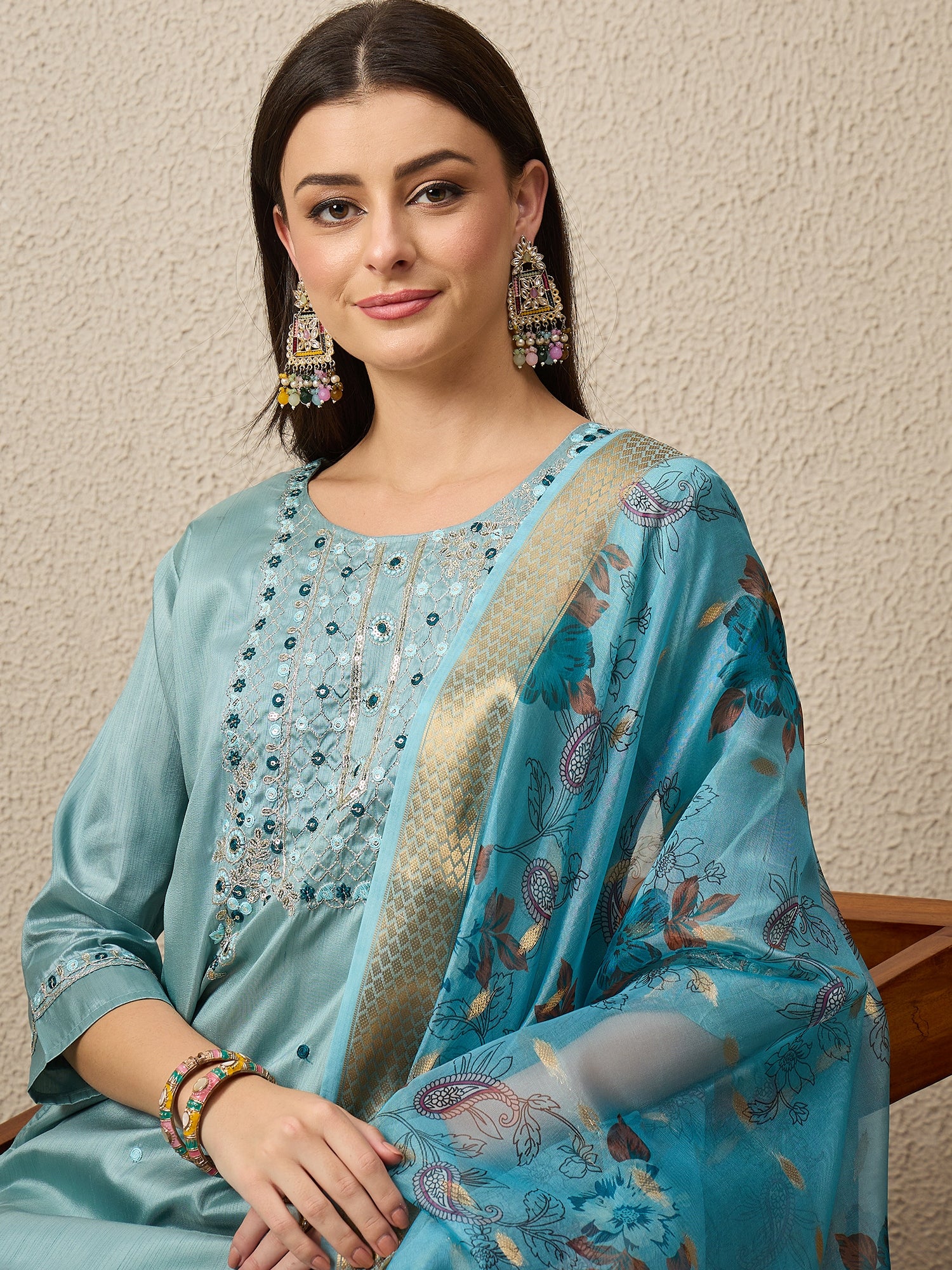 Mehfil Sky Women Silk Blend Kurta and Trousers Pant Set