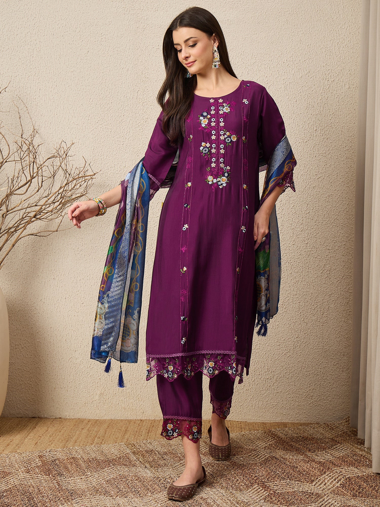 RajRani Purple Women Silk Blend Kurta and Trousers Pant Set
