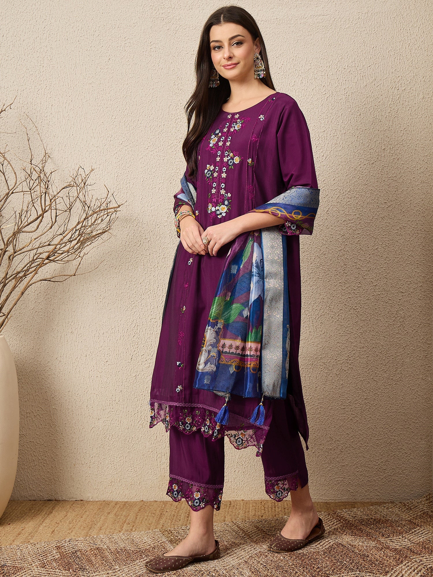 RajRani Purple Women Silk Blend Kurta and Trousers Pant Set