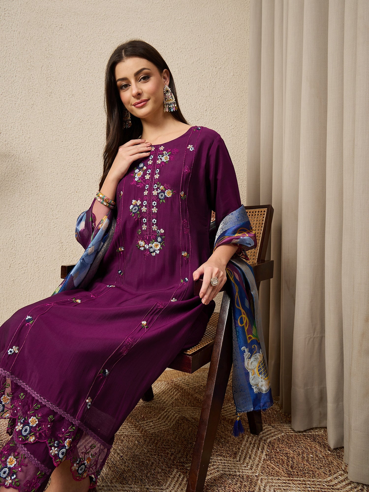 RajRani Purple Women Silk Blend Kurta and Trousers Pant Set