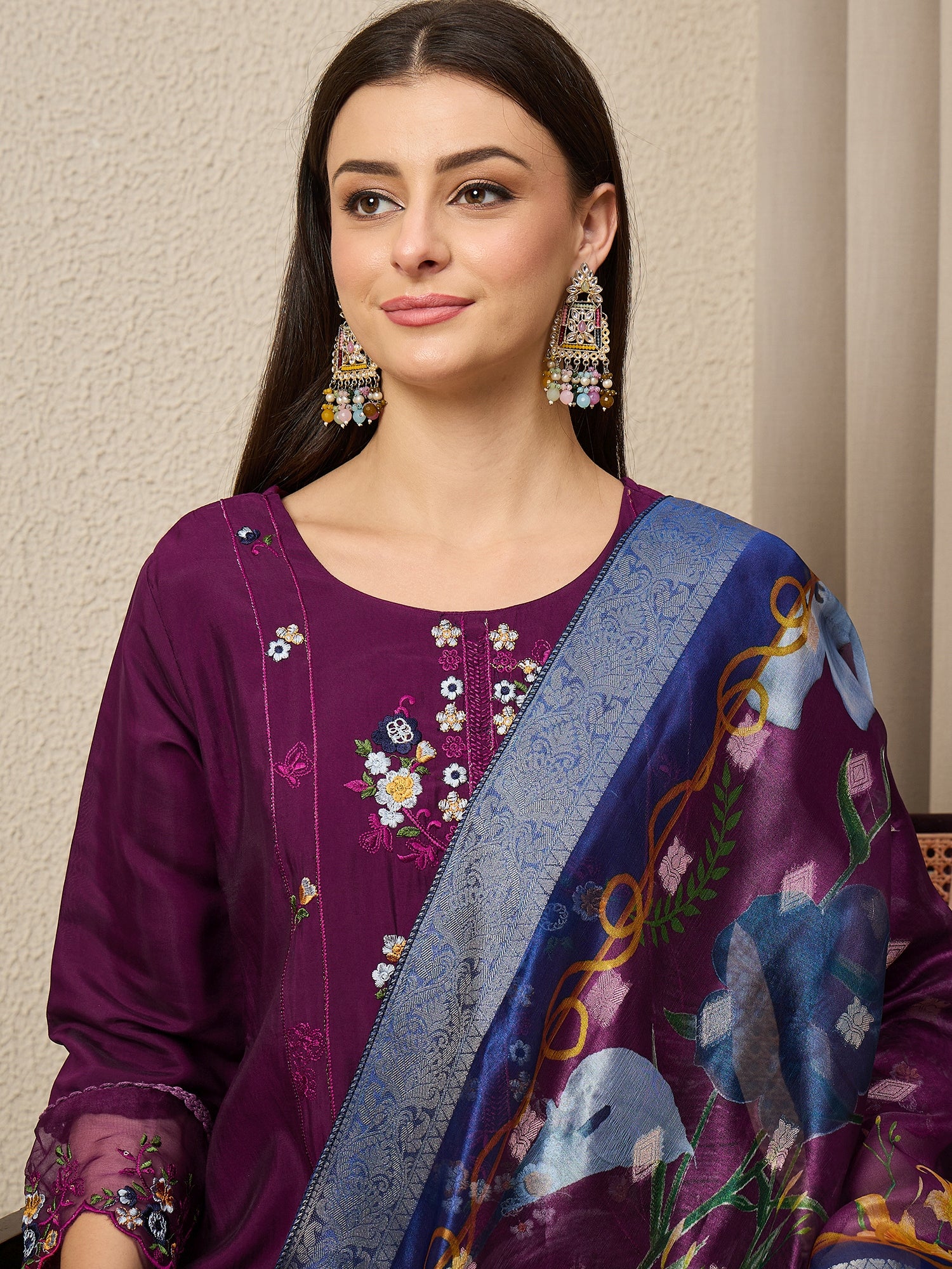 RajRani Purple Women Silk Blend Kurta and Trousers Pant Set
