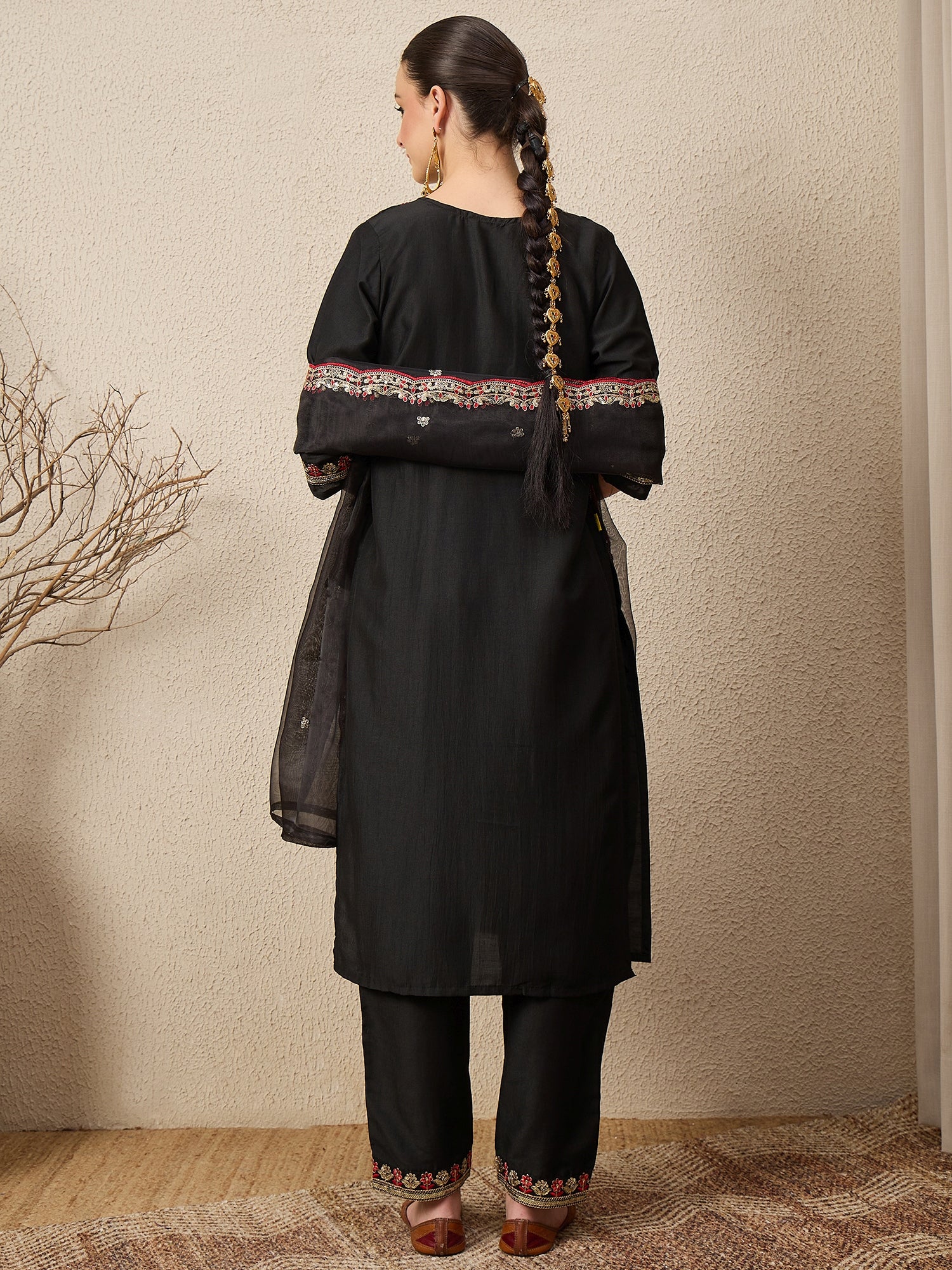 RangRiti Black Yoke Design Silk Blend Straight Suit With Dupatta