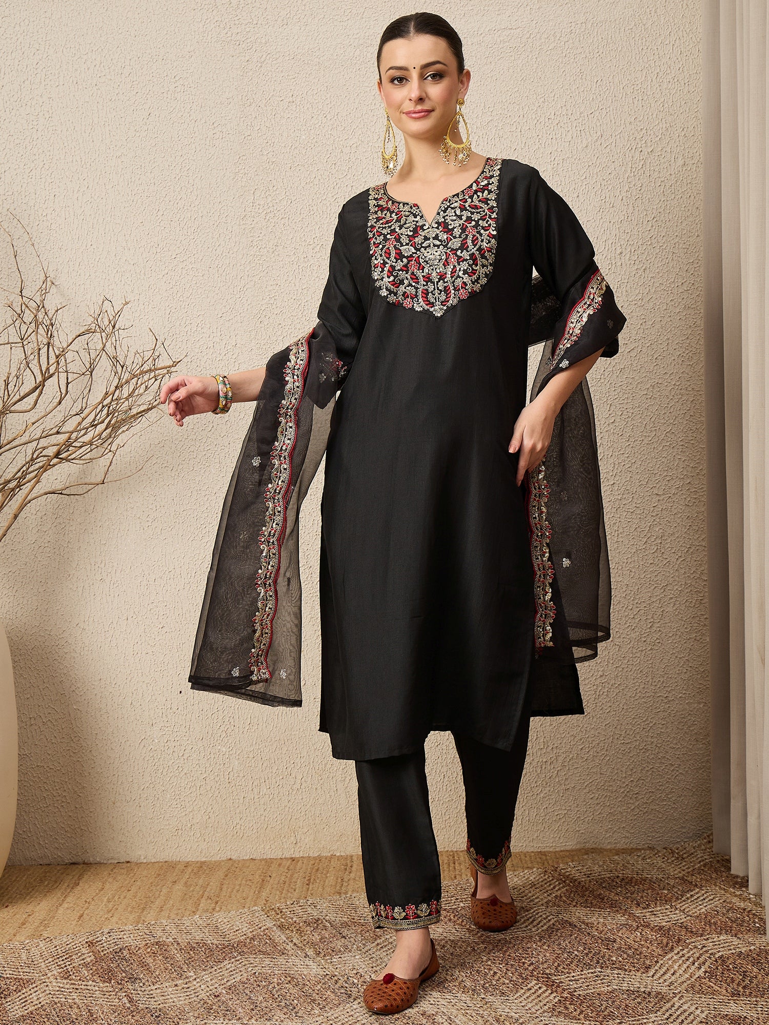 RangRiti Black Yoke Design Silk Blend Straight Suit With Dupatta