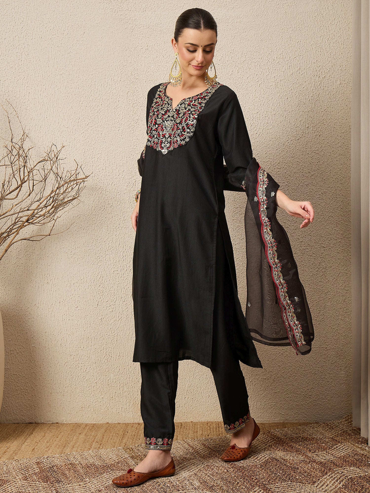 RangRiti Black Yoke Design Silk Blend Straight Suit With Dupatta
