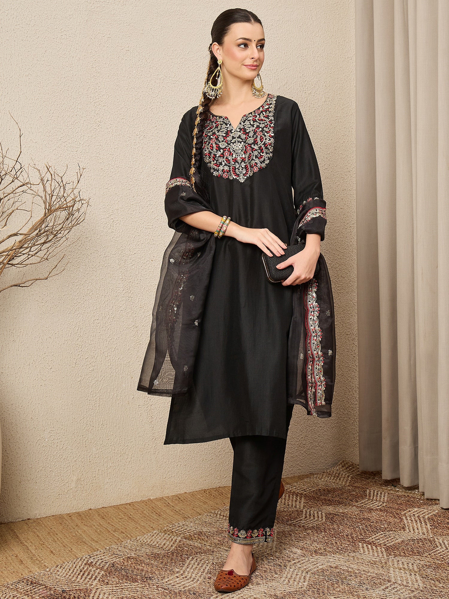 RangRiti Black Yoke Design Silk Blend Straight Suit With Dupatta