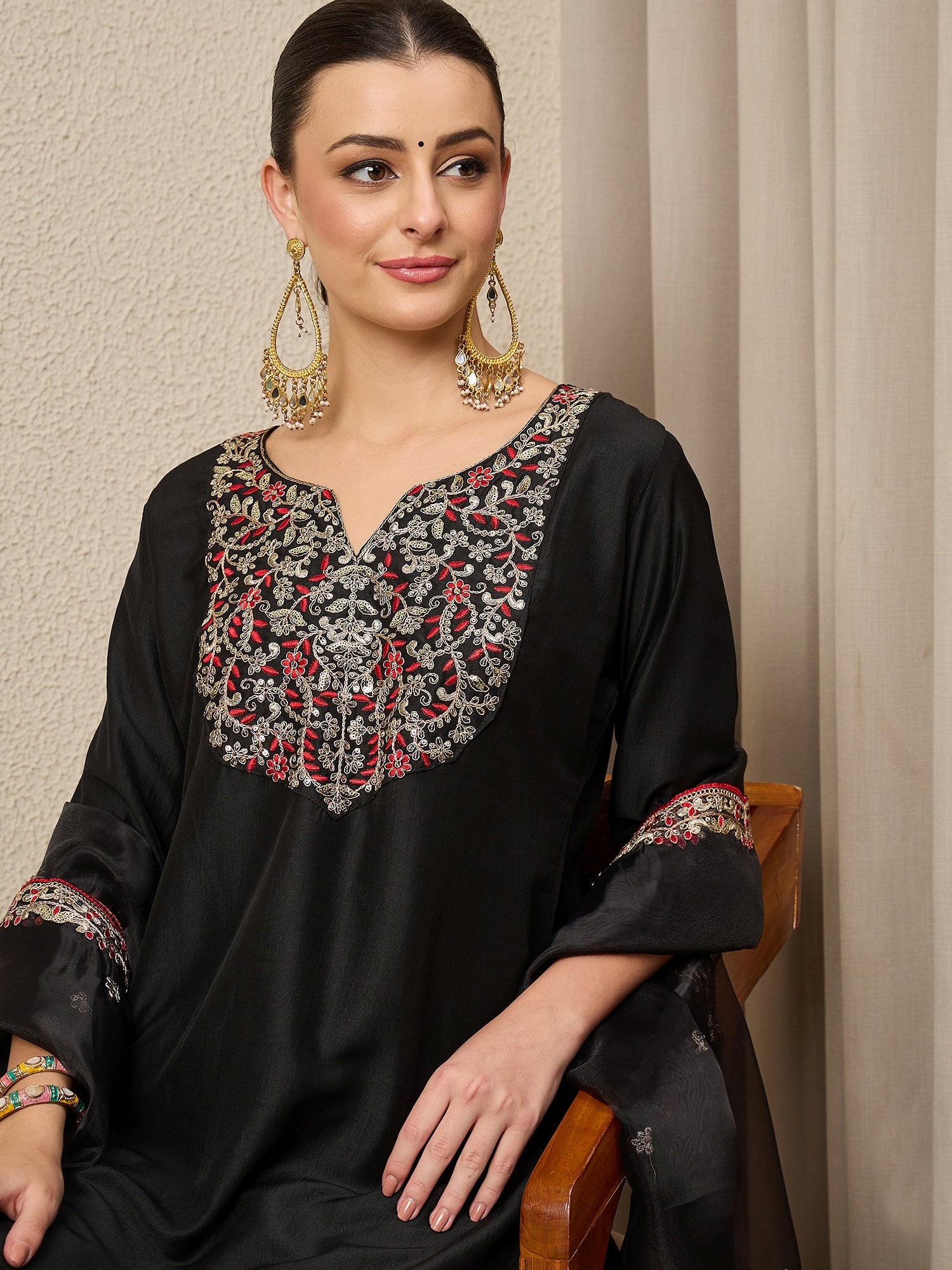 RangRiti Black Yoke Design Silk Blend Straight Suit With Dupatta