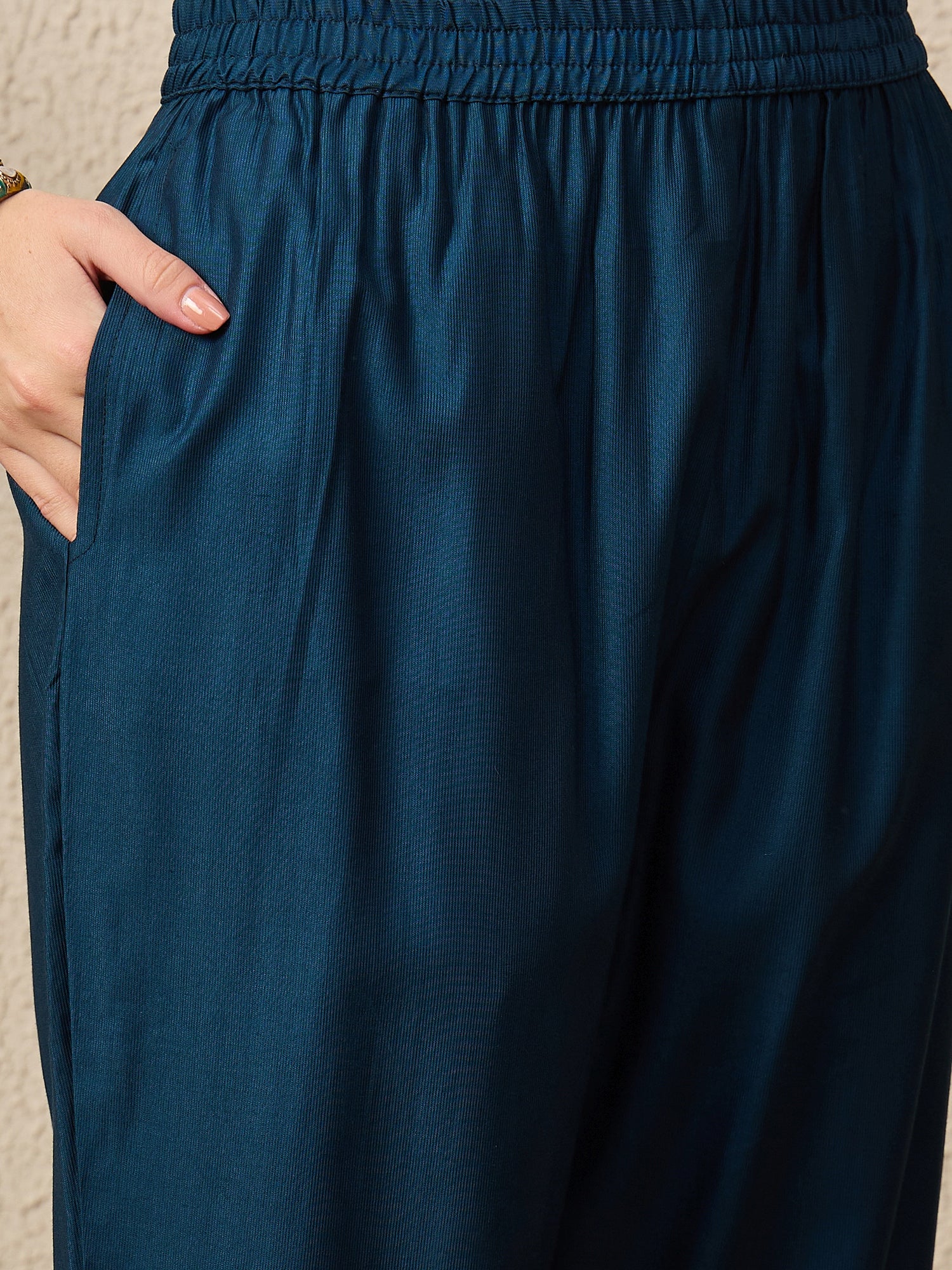 Kamya Teal Ethnic Motifs Embroidered Straight Kurta with Trousers & Dupatta