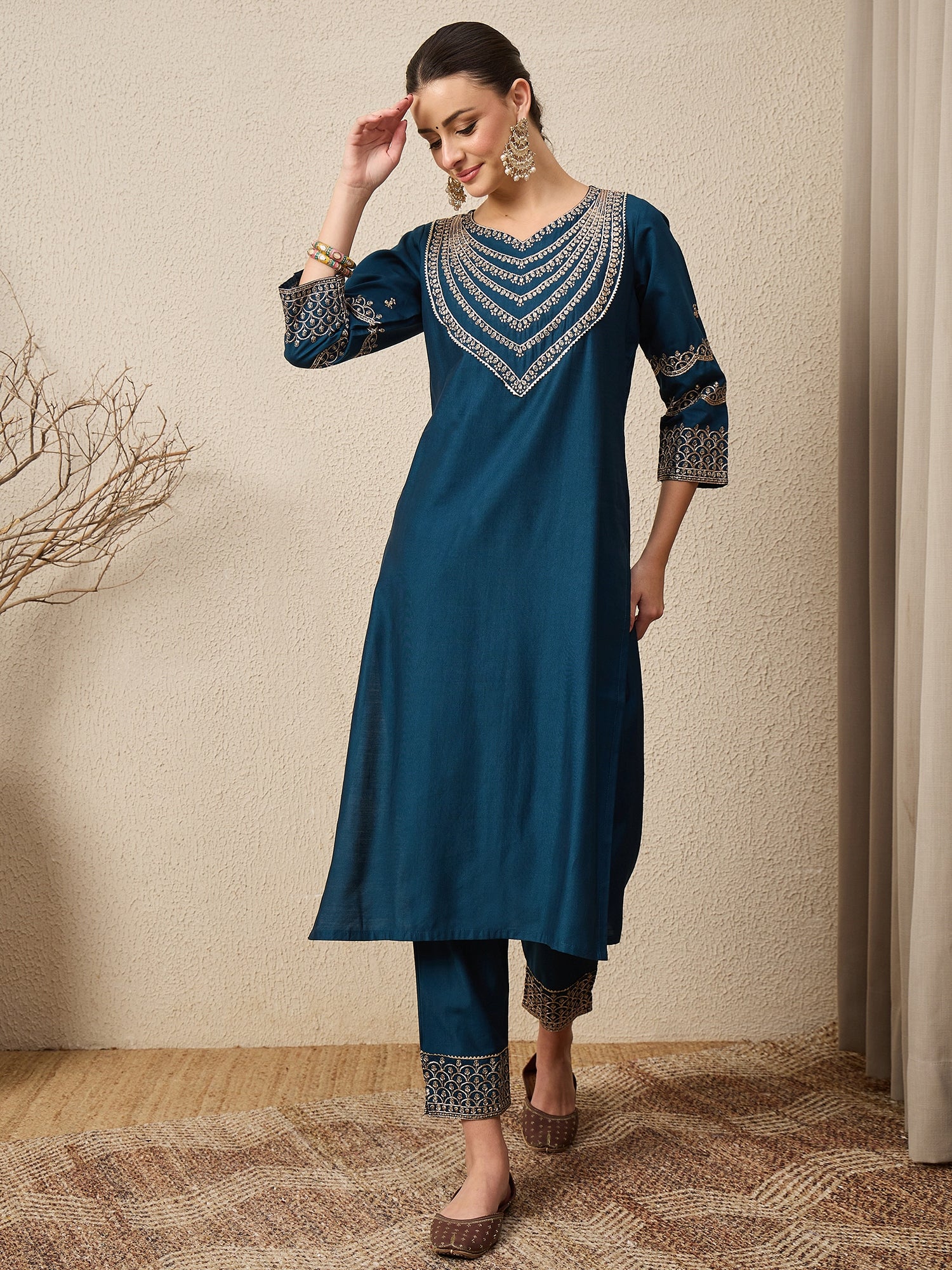Kamya Teal Ethnic Motifs Embroidered Straight Kurta with Trousers & Dupatta