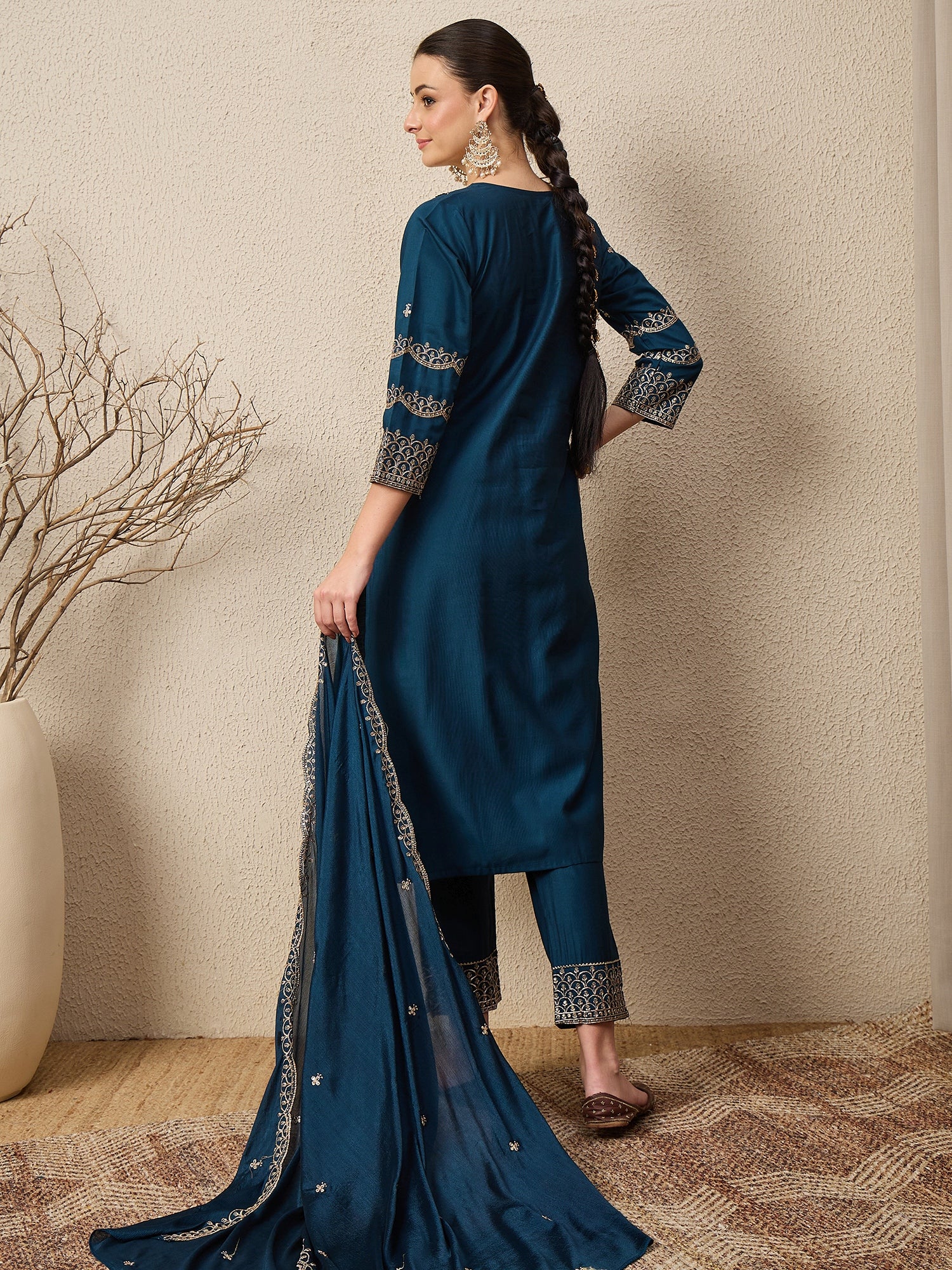Kamya Teal Ethnic Motifs Embroidered Straight Kurta with Trousers & Dupatta
