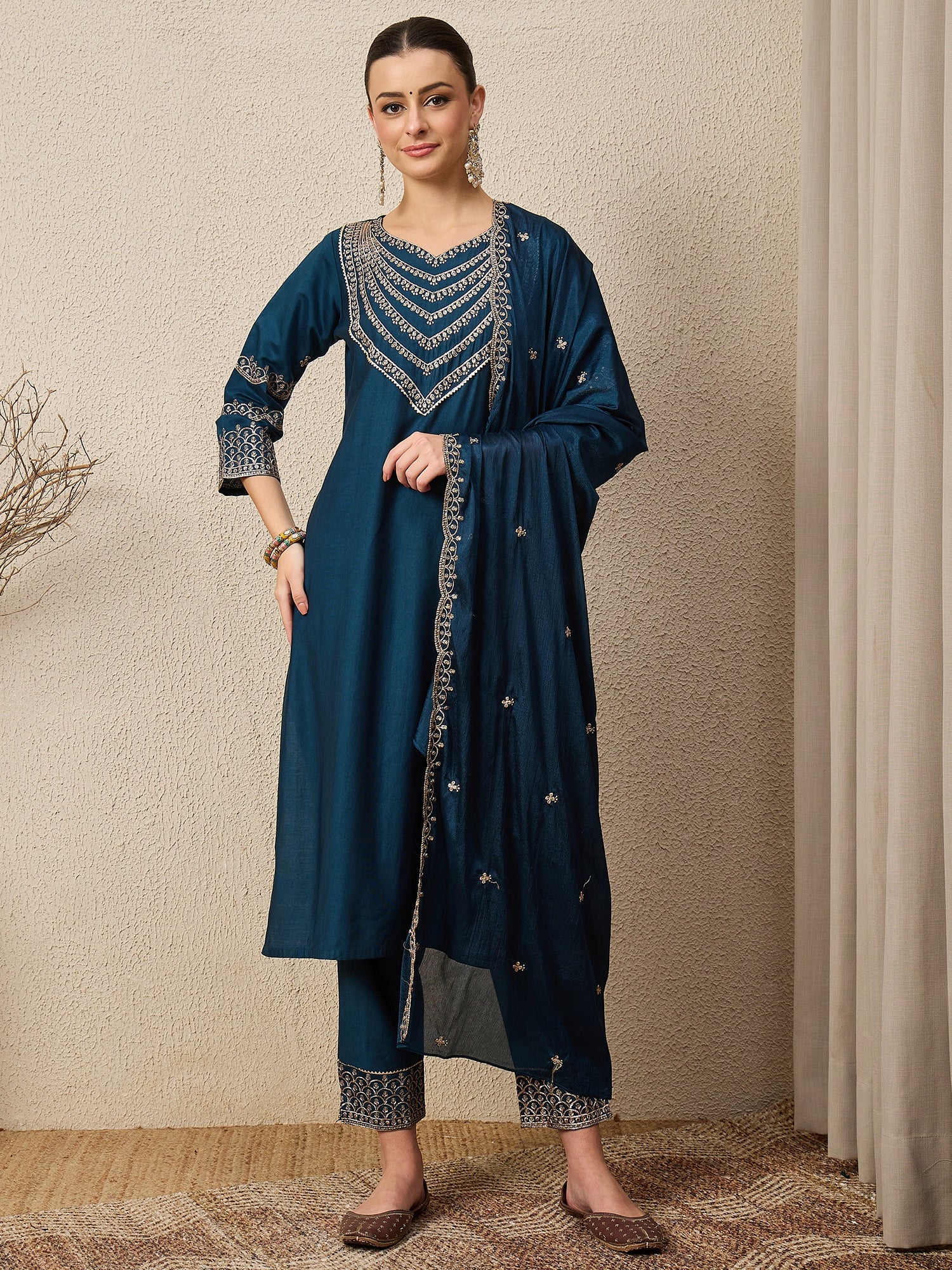 Kamya Teal Ethnic Motifs Embroidered Straight Kurta with Trousers & Dupatta