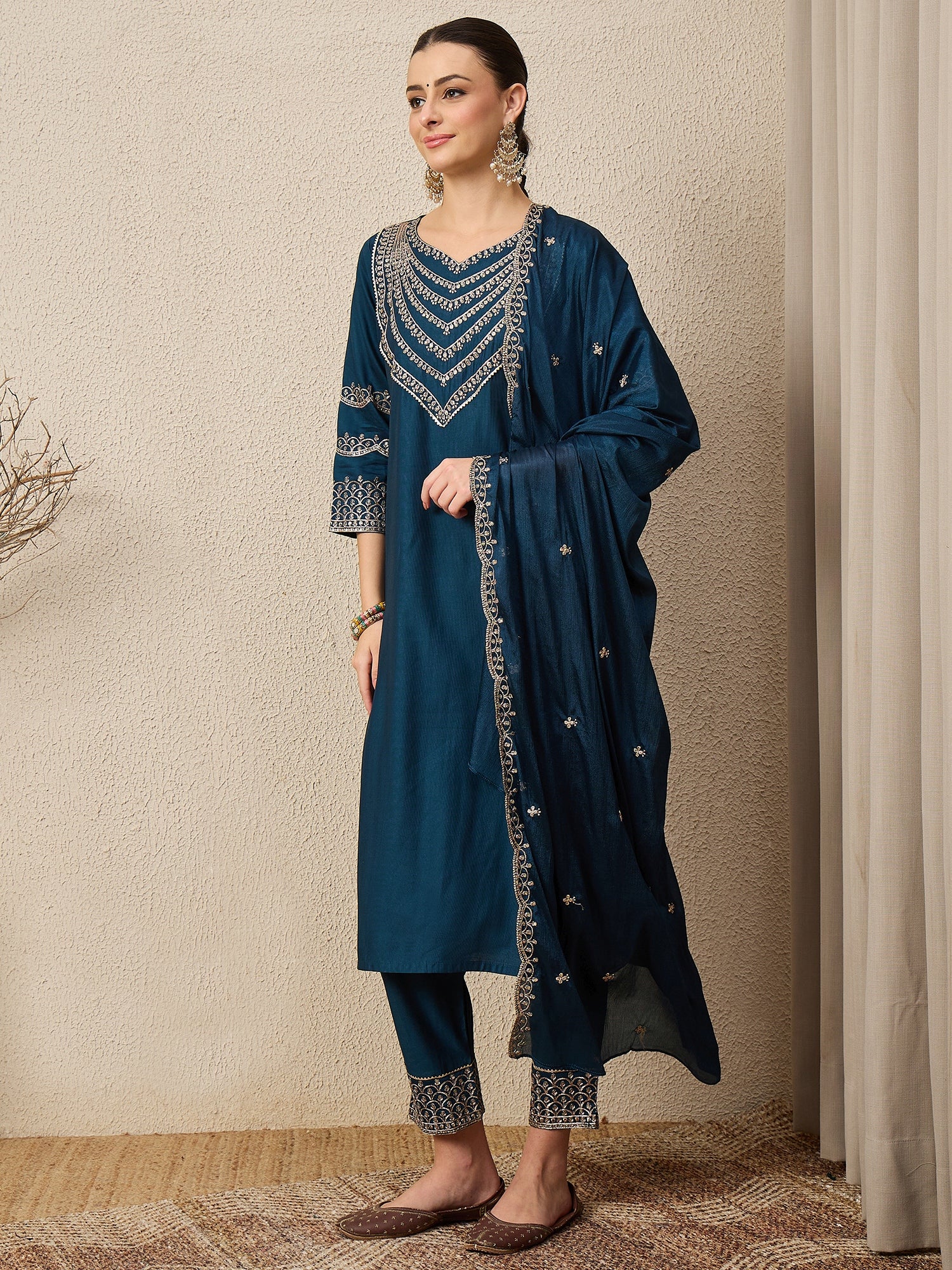 Kamya Teal Ethnic Motifs Embroidered Straight Kurta with Trousers & Dupatta