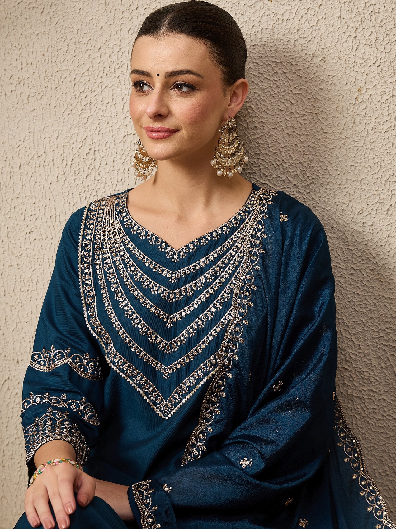 Kamya Teal Ethnic Motifs Embroidered Straight Kurta with Trousers & Dupatta