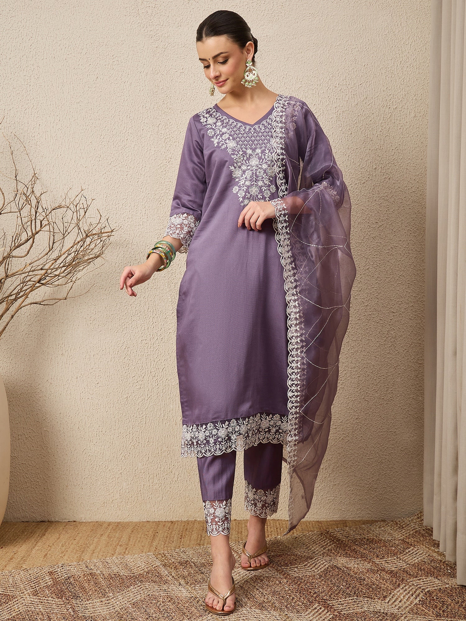 Saanjh Lavender Silk Blend Calf Length Embroidered Straight Suit Set