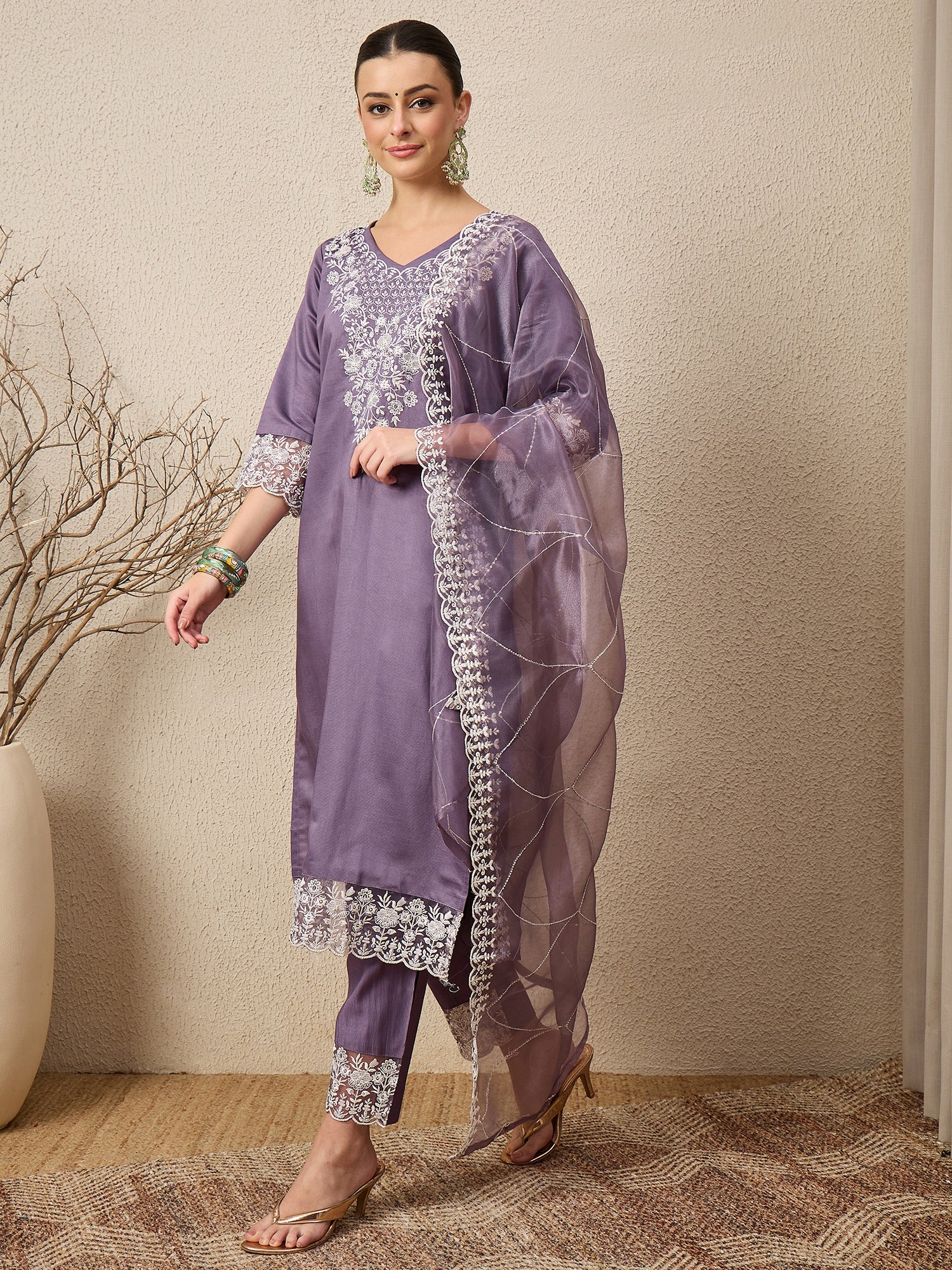 Saanjh Lavender Silk Blend Calf Length Embroidered Straight Suit Set