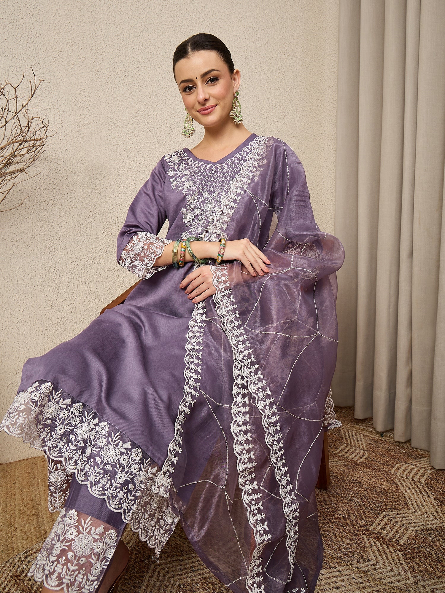 Saanjh Lavender Silk Blend Calf Length Embroidered Straight Suit Set