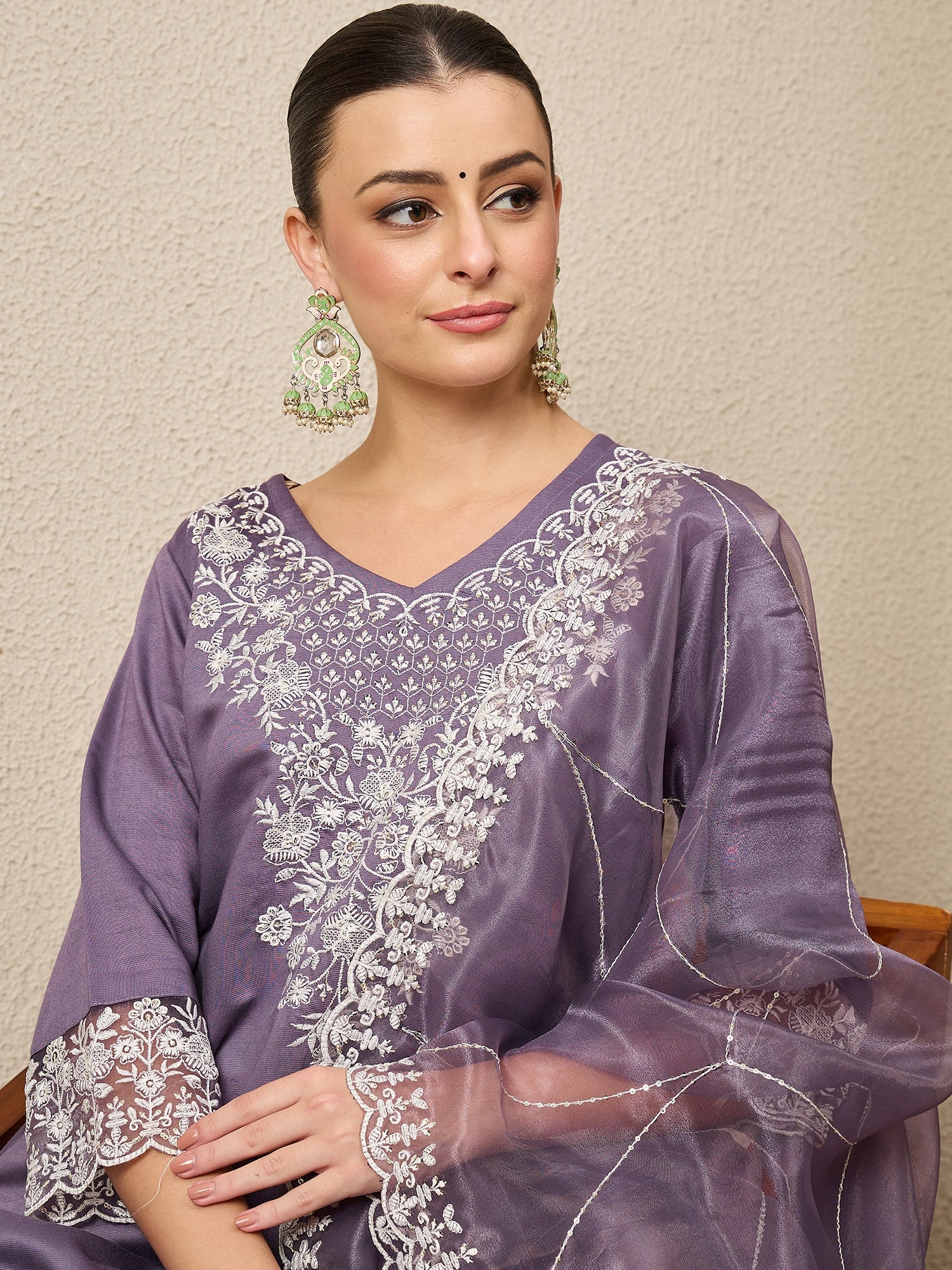 Saanjh Lavender Silk Blend Calf Length Embroidered Straight Suit Set