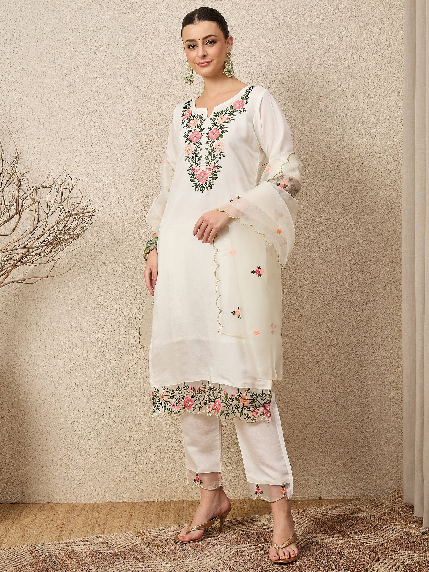 Rajvadi White Women's Embroidered Silk Blend Calf Length Straight Kurta Trouser with Dupatta Set