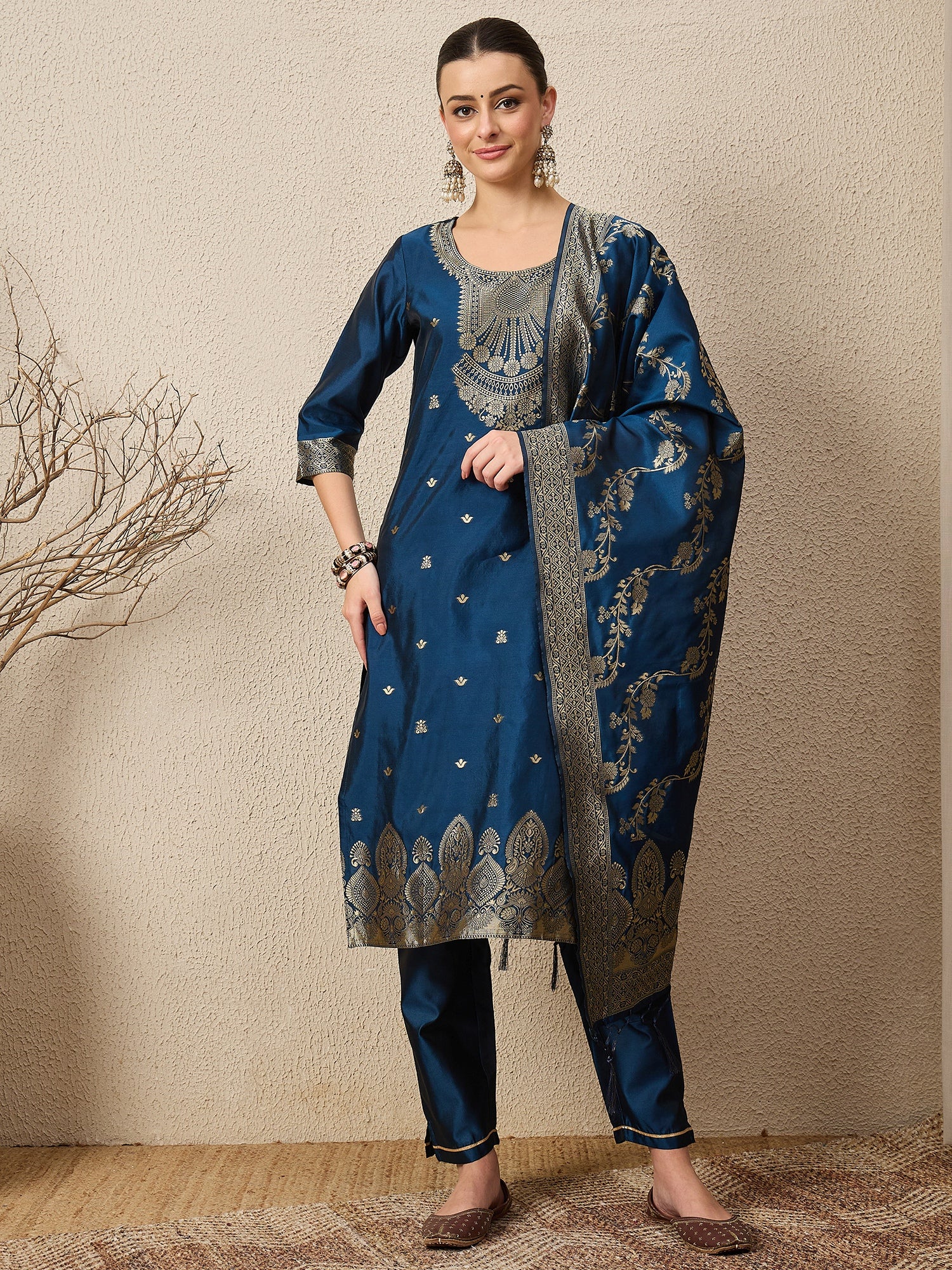 Malika Premium Kurta Set with Bottom and Dupatta Zari Work Comfortable Stylish