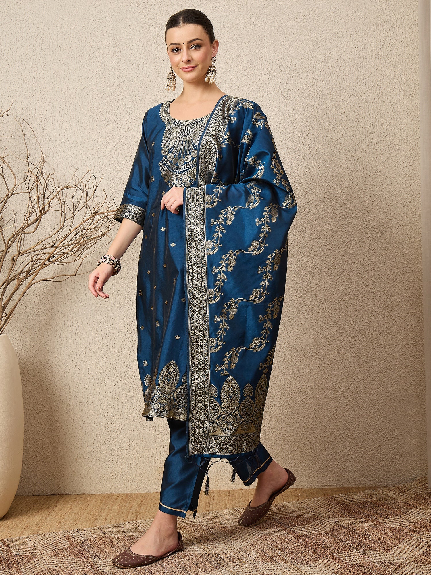 Malika Premium Kurta Set with Bottom and Dupatta Zari Work Comfortable Stylish