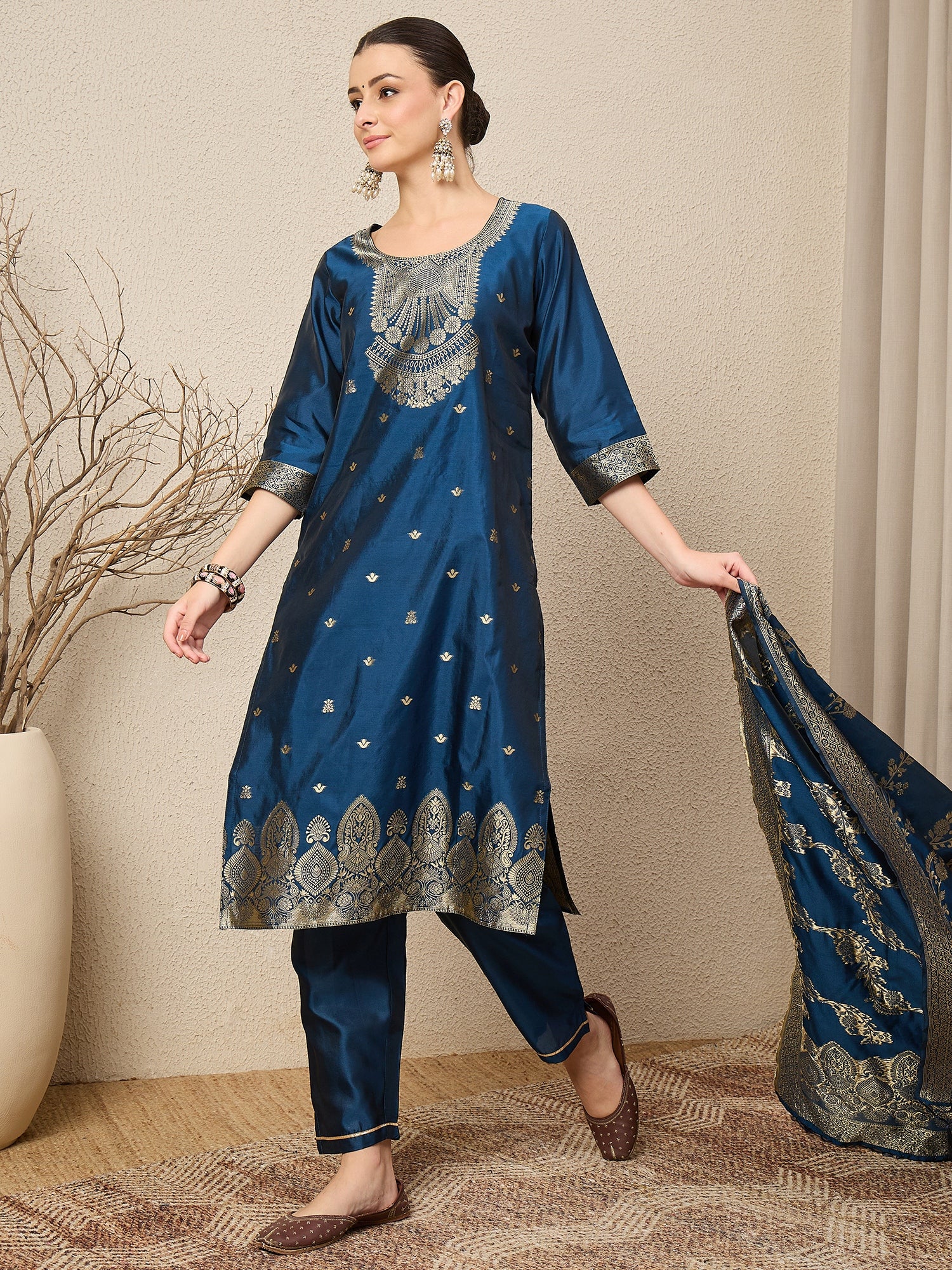 Malika Premium Kurta Set with Bottom and Dupatta Zari Work Comfortable Stylish