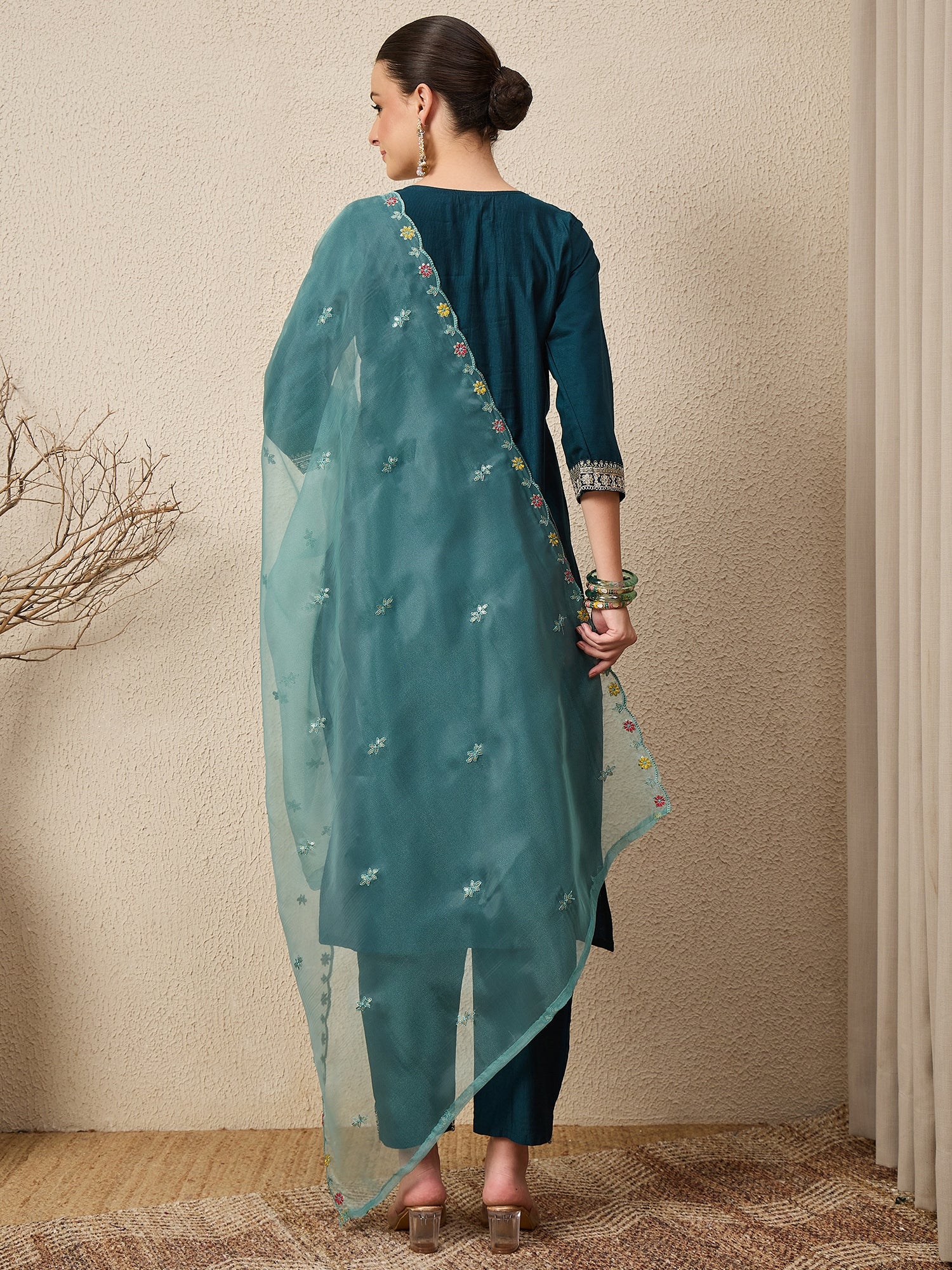 Tanirika Women's Embroidered Viscose Rayon Calf Length Straight Kurta Trouser with Dupatta Set