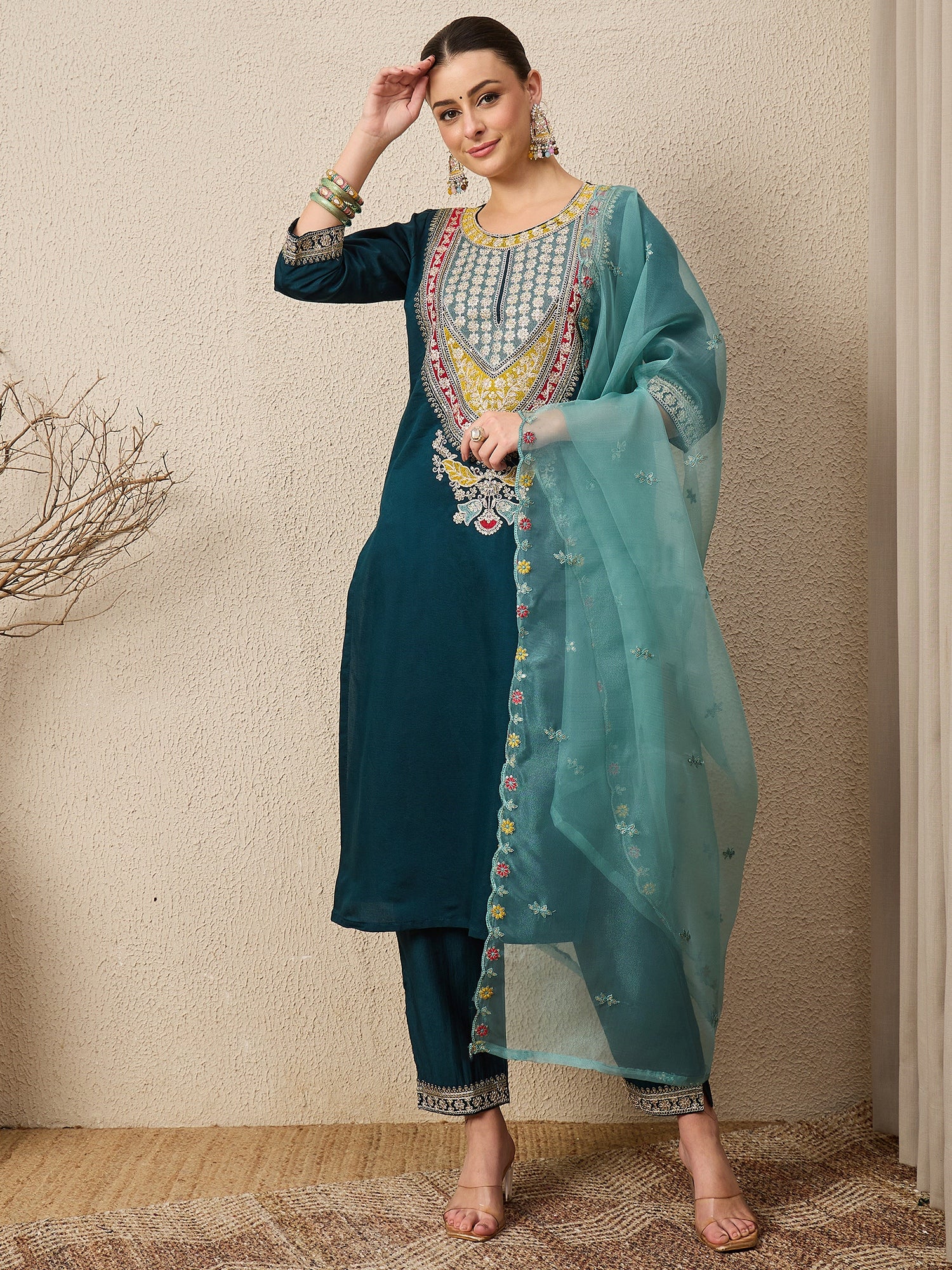 Tanirika Women's Embroidered Viscose Rayon Calf Length Straight Kurta Trouser with Dupatta Set