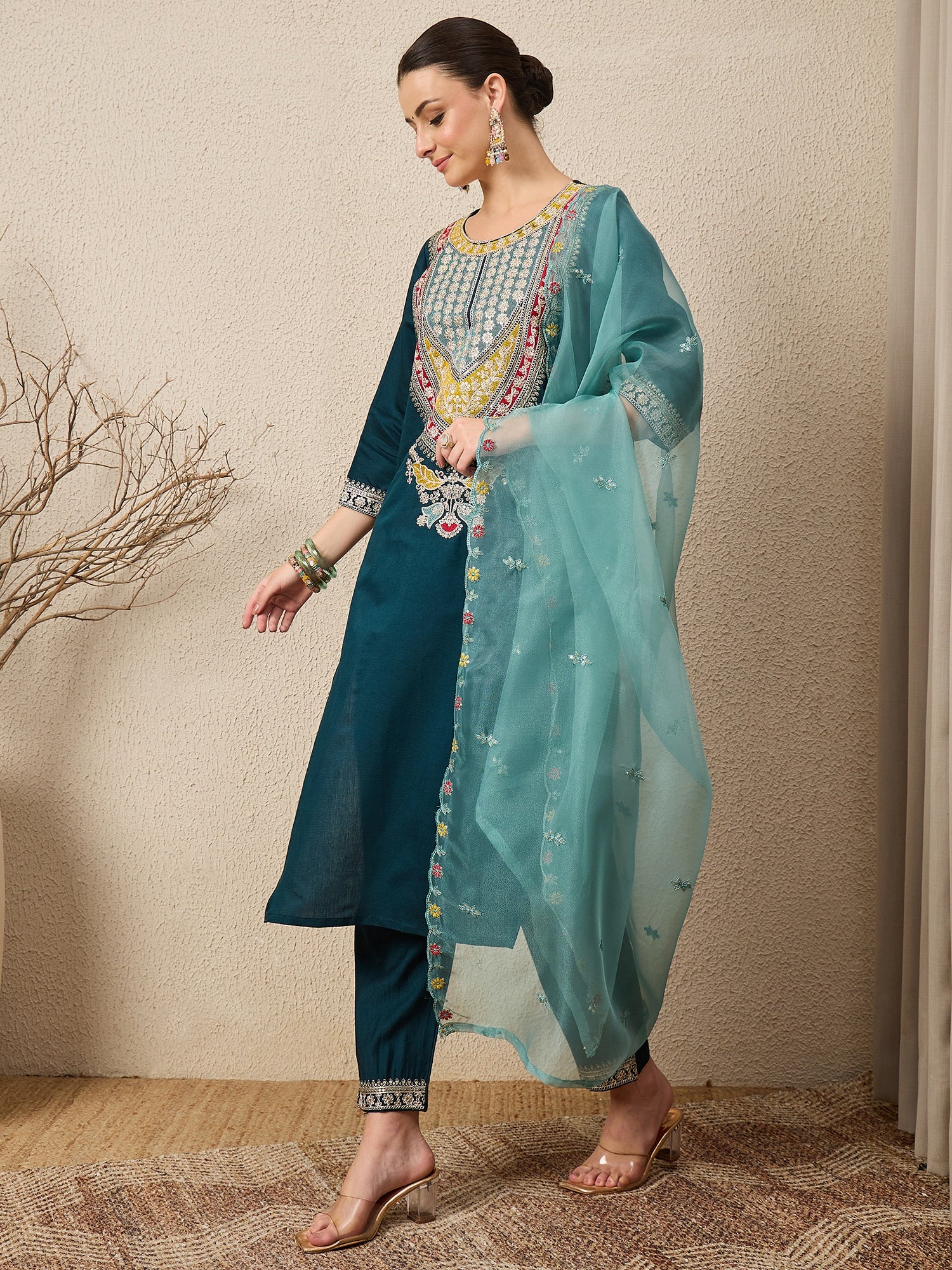 Tanirika Women's Embroidered Viscose Rayon Calf Length Straight Kurta Trouser with Dupatta Set