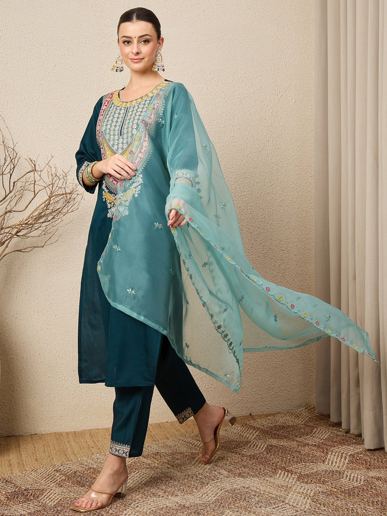Tanirika Women's Embroidered Viscose Rayon Calf Length Straight Kurta Trouser with Dupatta Set