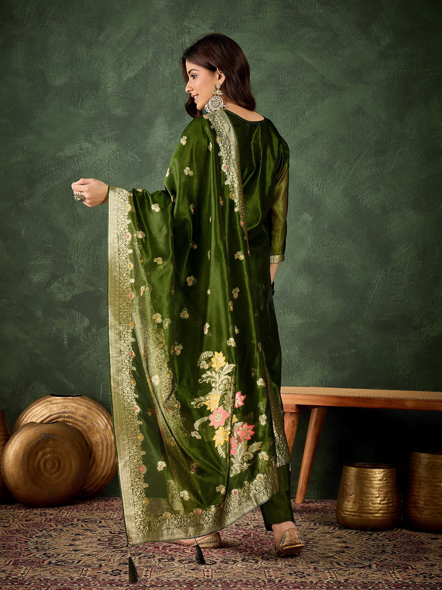 Eshanvi mehndi Embroidered Silk Blend Organza Meenakari Straight Suits With Dupatta