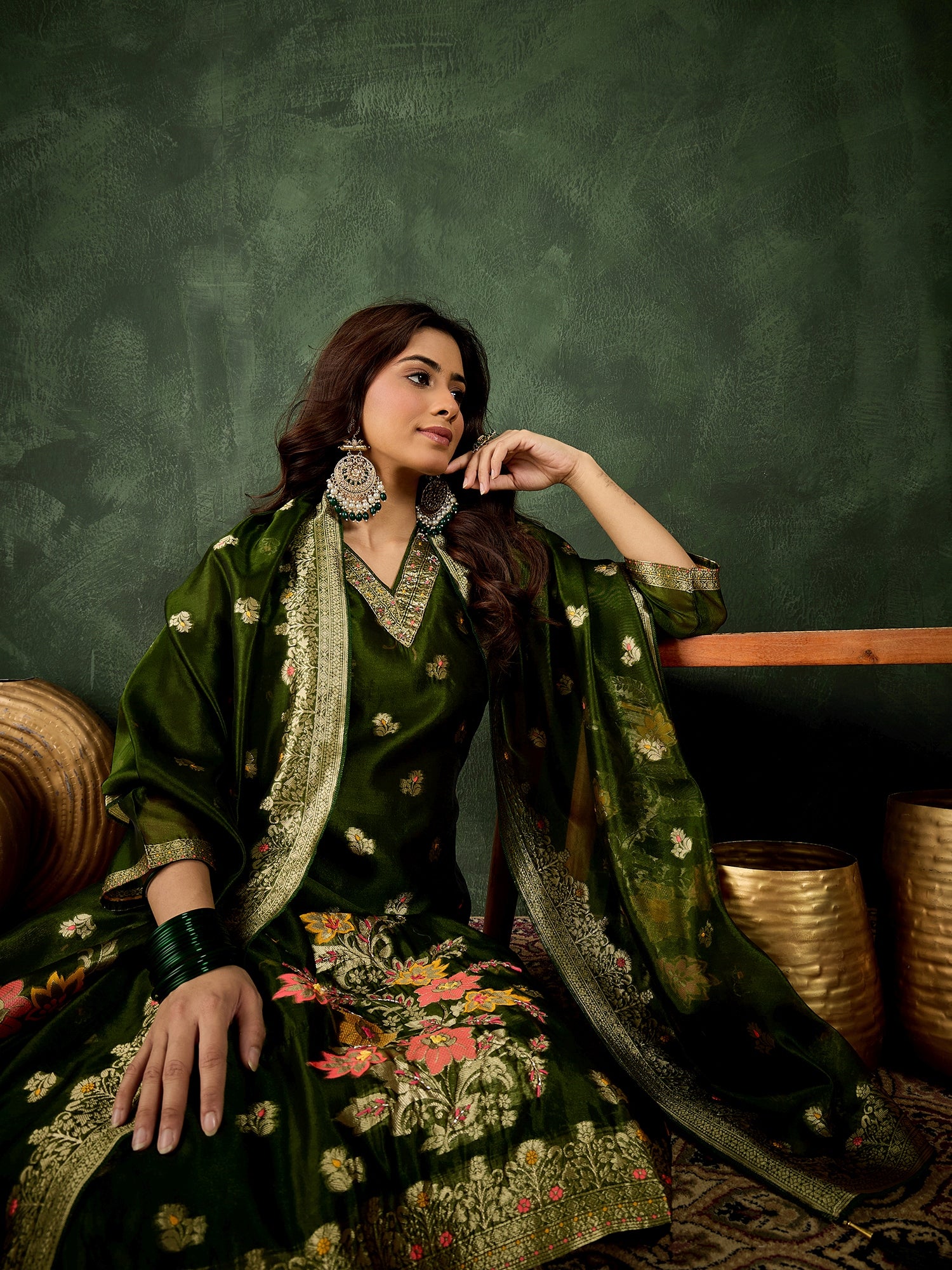 Eshanvi mehndi Embroidered Silk Blend Organza Meenakari Straight Suits With Dupatta