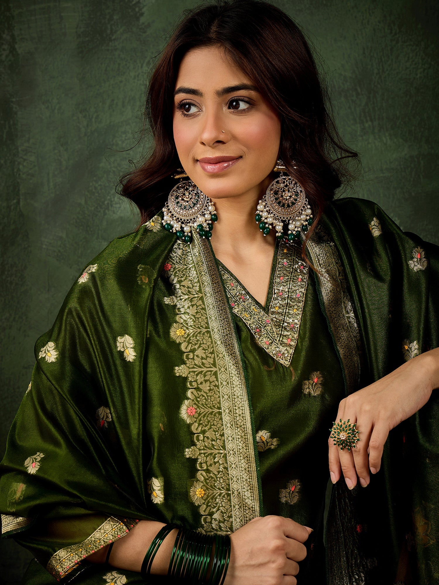 Eshanvi mehndi Embroidered Silk Blend Organza Meenakari Straight Suits With Dupatta