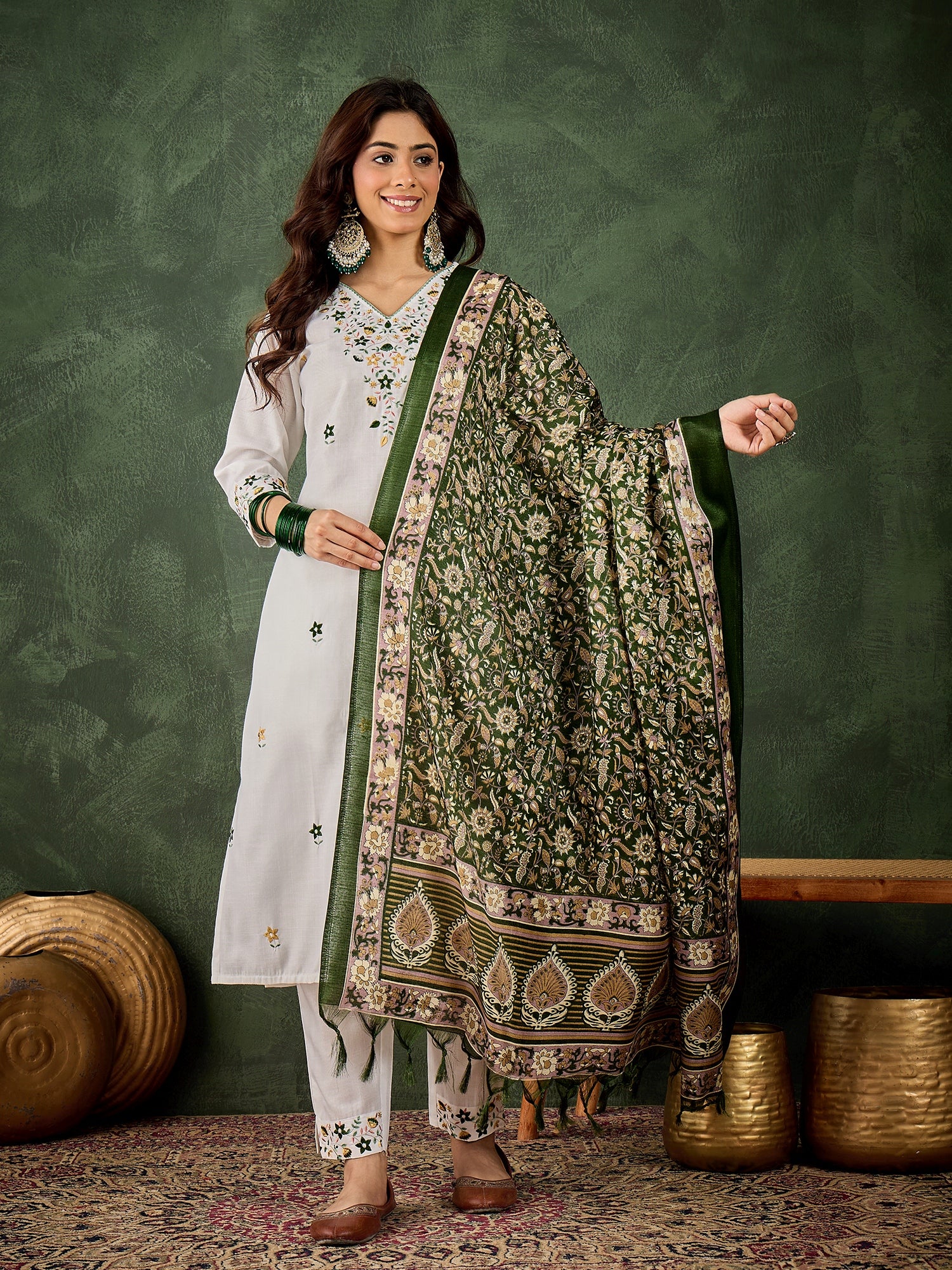 Sanskruta Women's Embroidered Cotton Kurta Pant Set with Dupatta