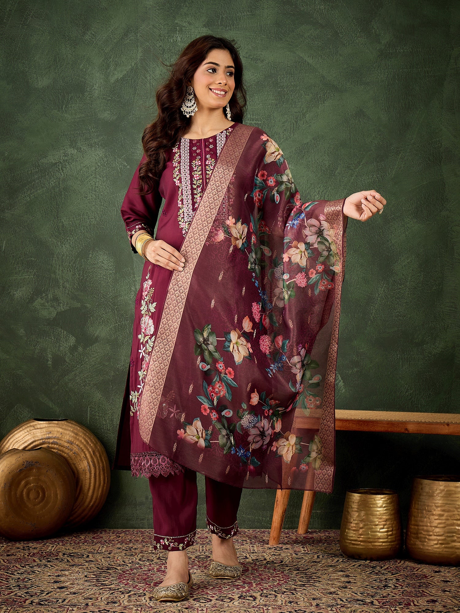 Varnam Women Silk Blend Kurta Pant Dupatta Set