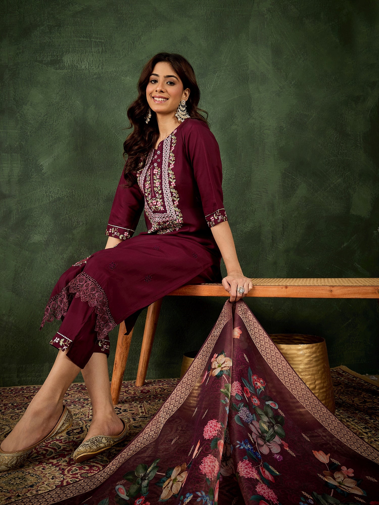Varnam Women Silk Blend Kurta Pant Dupatta Set