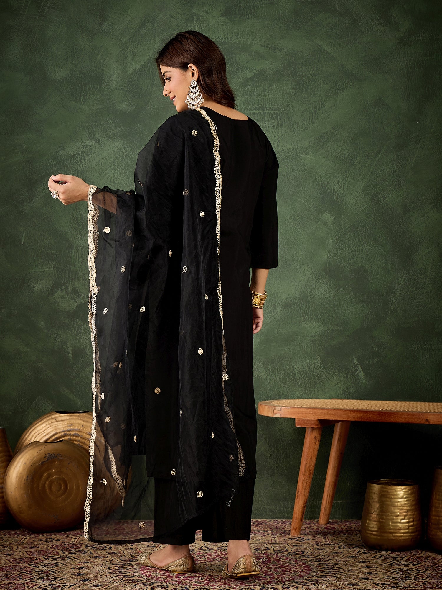 Zarika Women's Embroidered Silk Blend Calf Length Straight Kurta with Palazzo & Dupatta Set
