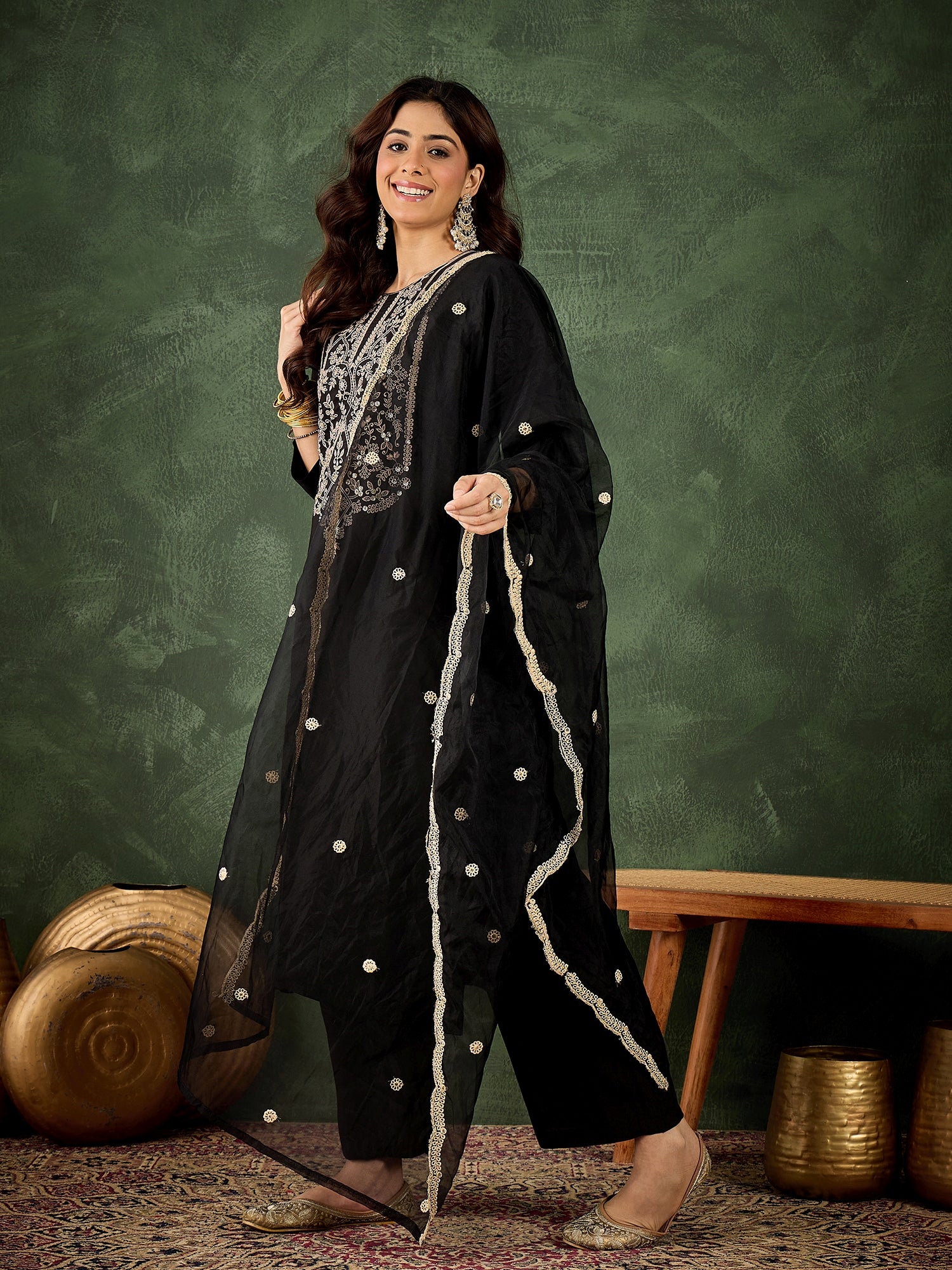 Zarika Women's Embroidered Silk Blend Calf Length Straight Kurta with Palazzo & Dupatta Set