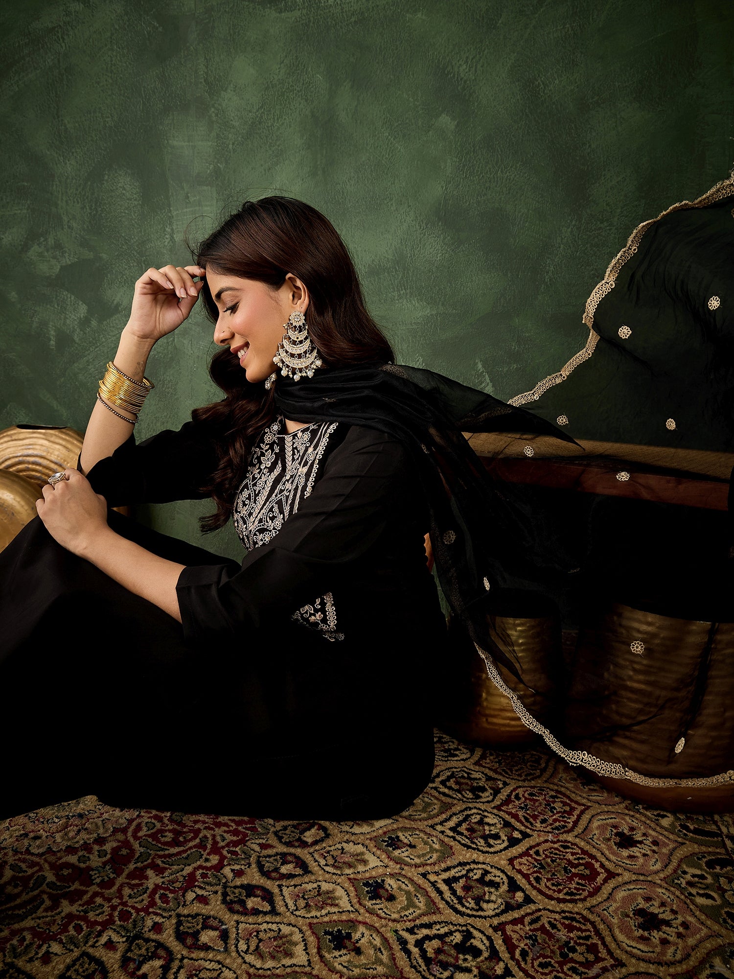 Zarika Women's Embroidered Silk Blend Calf Length Straight Kurta with Palazzo & Dupatta Set