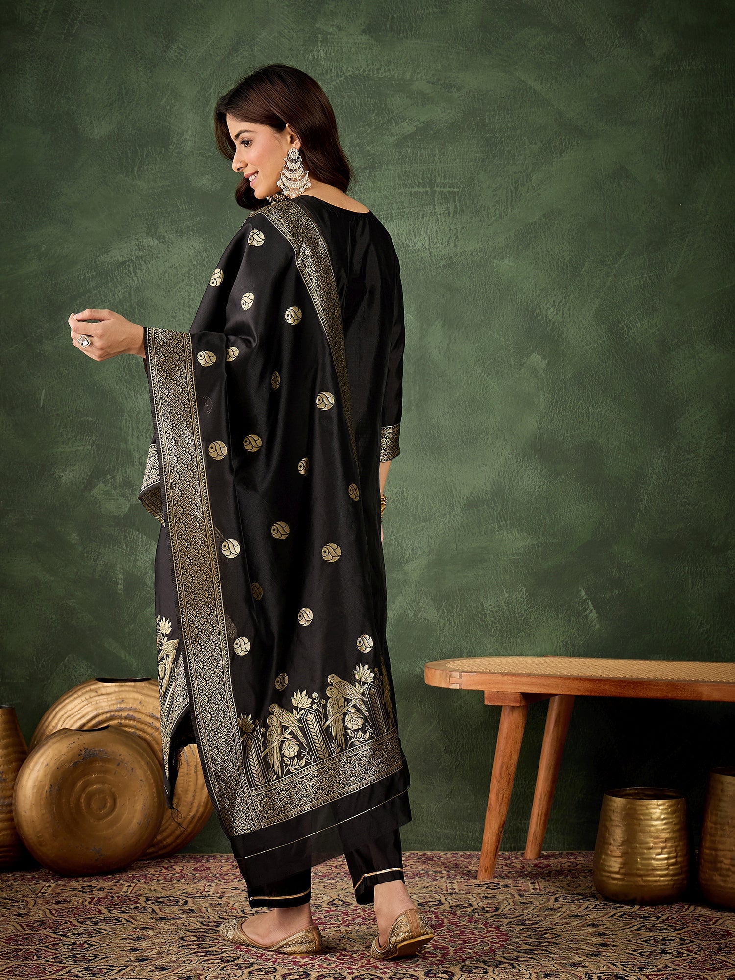 Roop Women's Silk Blend Banarasi Jacquard Zari Woven Straight Kurta Pant with Dupatta Set